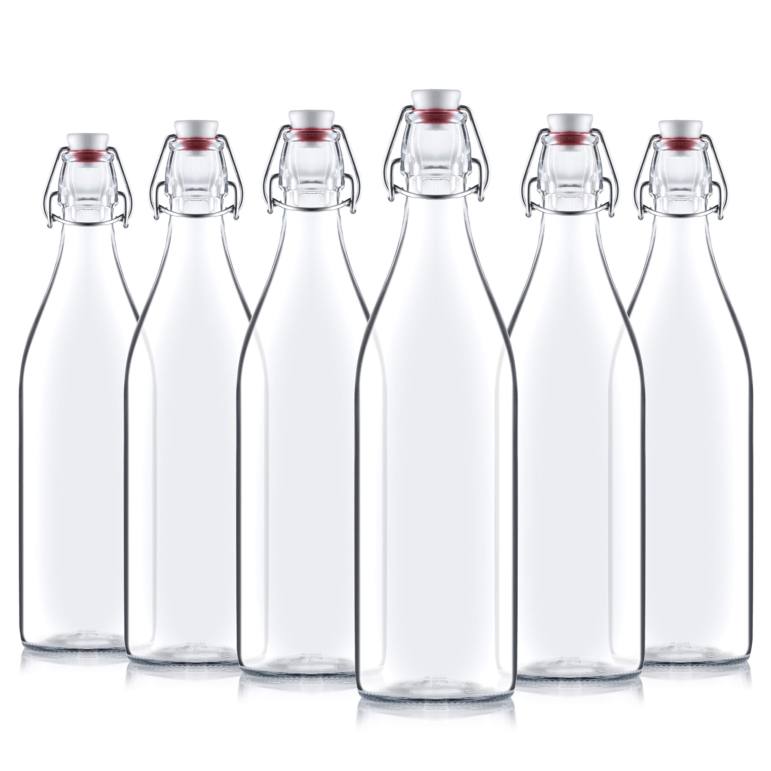 Giara Swing Top Bottles 33 ¾ Ounce/1 Liter (6 Pack) ROUND Clear Glass Grolsch Flip Top Bottle With Stopper, for Beverages, Smoothies, Kefir, Beer, Soda, Juicing, Kombucha, Water, Milk, Oil and Vinegar