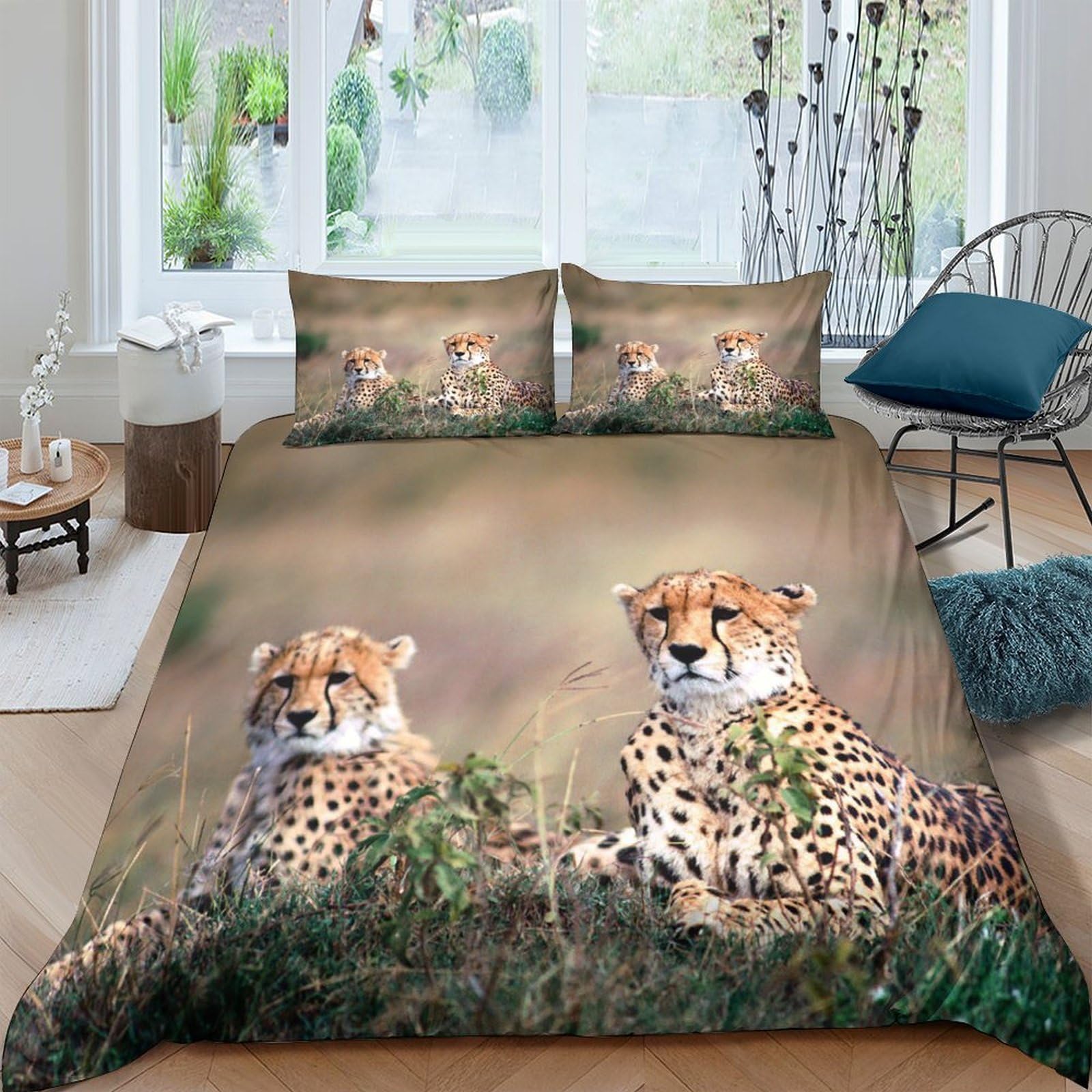 Ctjqhvkz Style-3 3D Printed Cheetah Grassland Fitted Sheet Microfiber Soft Breathable Wild Animal Mattress Cover Bedroom Decor Single（135X200cm）