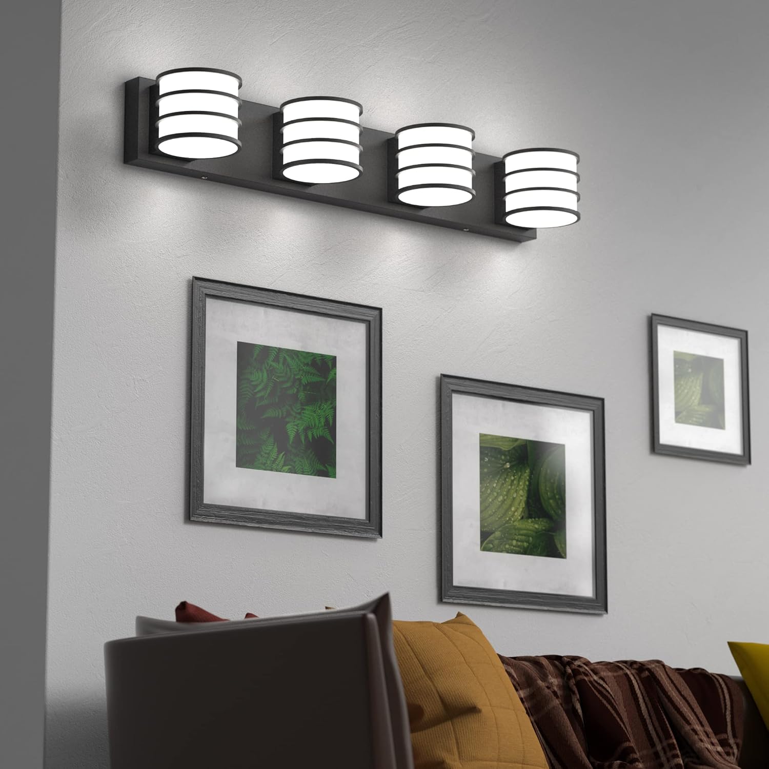 LED Bathroom Vanity Light - 28.4 Inch Black 4-Light Fixture with White Acrylic Shades, 6000K Cool White, Mirror Lighting for Bathroom, Bedroom, Hallway, Living Room Wall Sconce