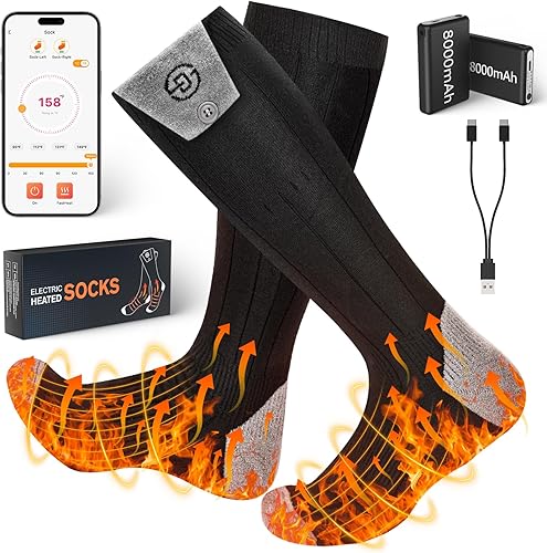 ChieAdt Heated Socks for Men Women with APP Control 8000mAh Battery Rechargeable Electric Sock 4 Heating Level Washable Winter Foot Warmer for Hunting Outdoor Work Ski Hiking Fishing XL