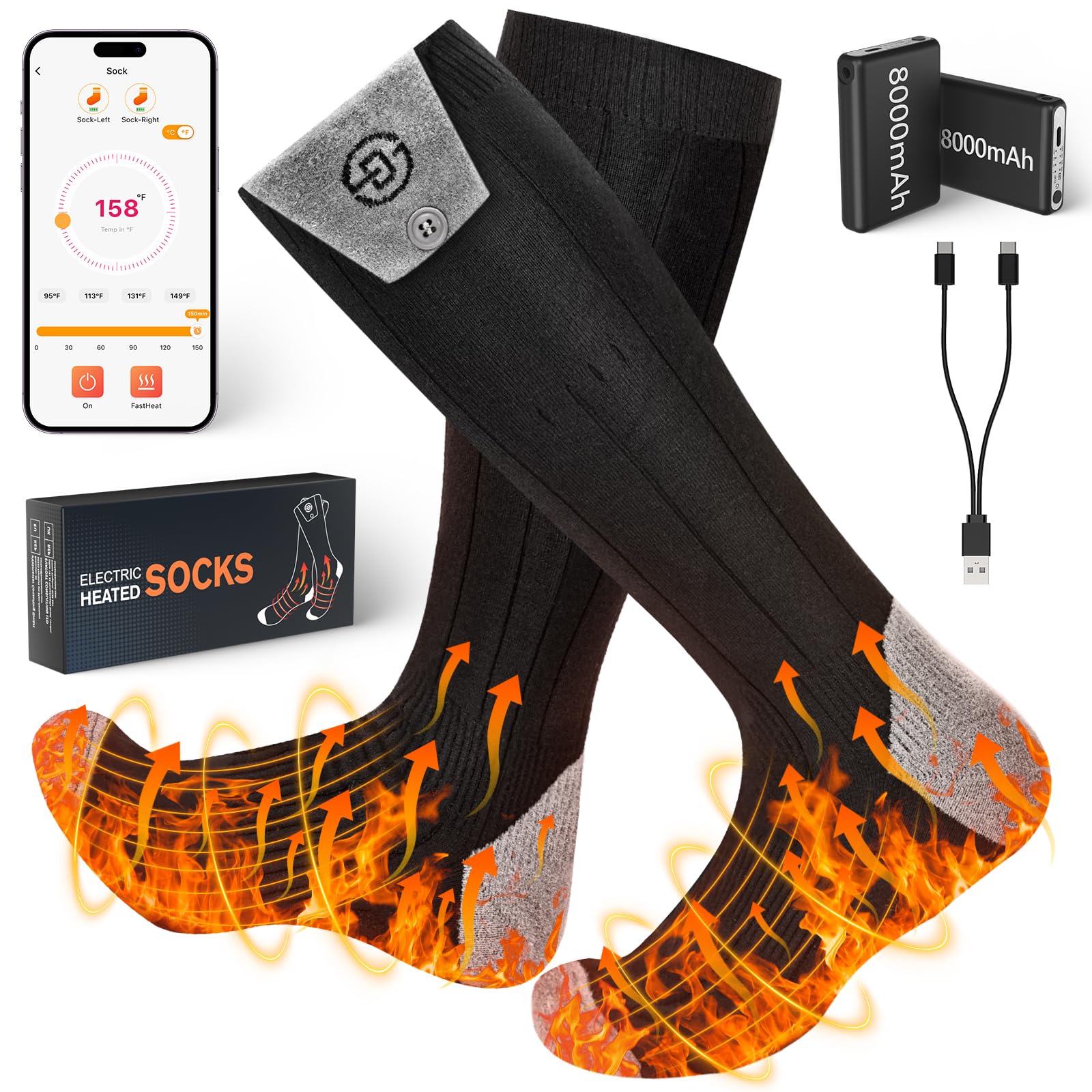 ChieAdt 8000mAh*2 Heated Socks for Men Women with APP Control