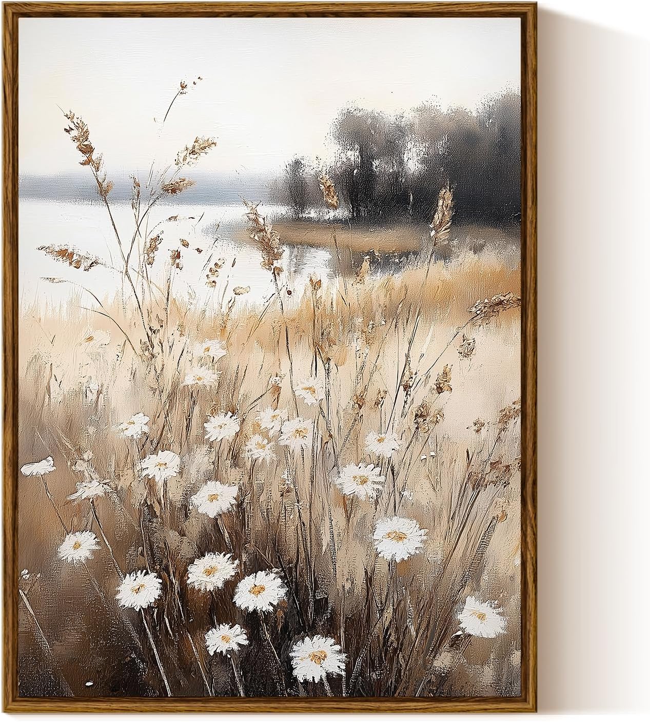 InSimSea Framed Canvas Wall Art for Living Room Landscape Wall Decor Meadow with Flowers Vintage Paintings Classical Wildflower Field Scene Boho Floral Pictures Decor for Bathroom Bedroom 12x16in