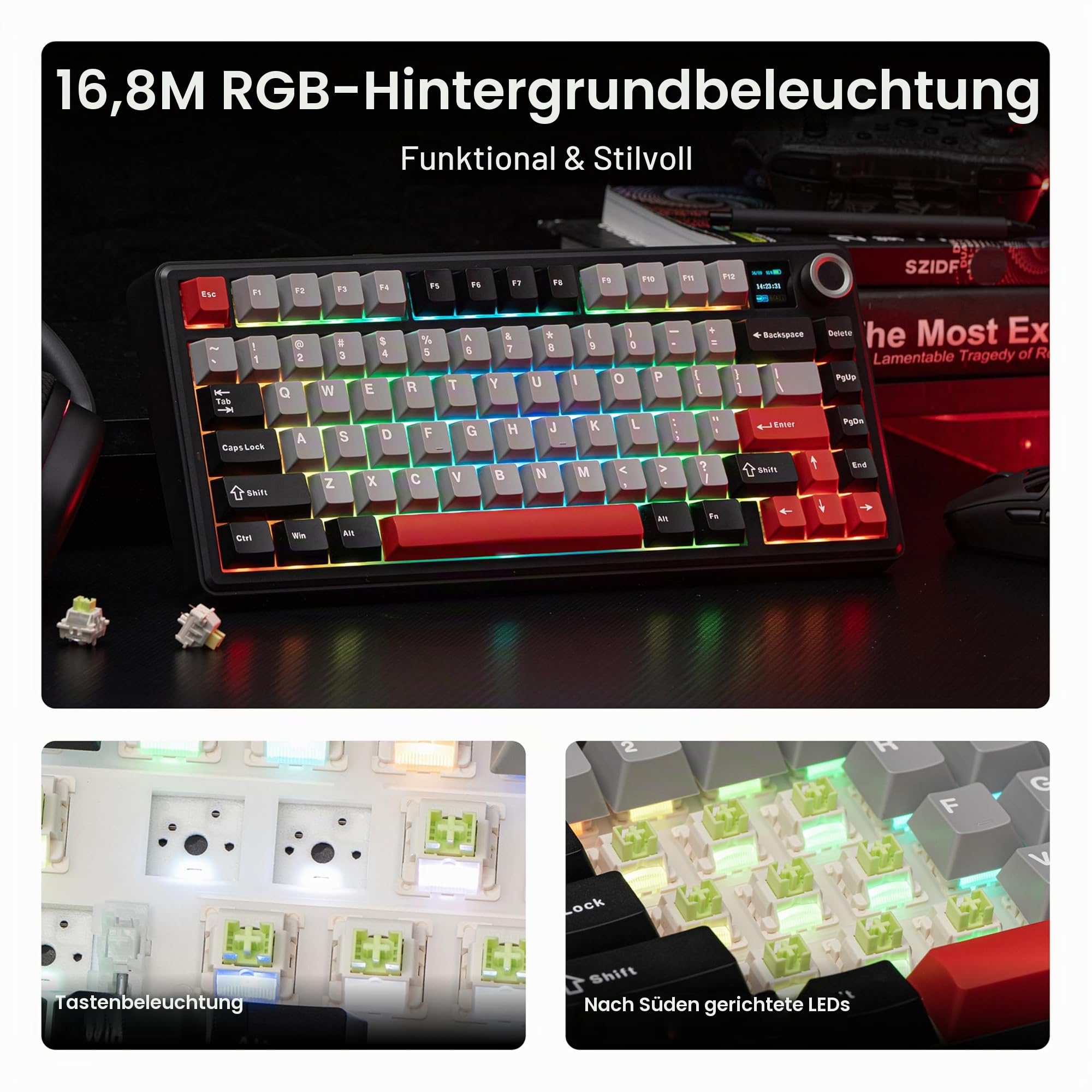 MechLands Aula F75 MAX Kabellose Gaming-Tastatur mit Display & Drehregler, 75% Hot-Swap-fähige Mechanische Tastatur mit Creamy Gasket, RGB, NKRO für Win/Mac/Linux (Schwarz Rot)