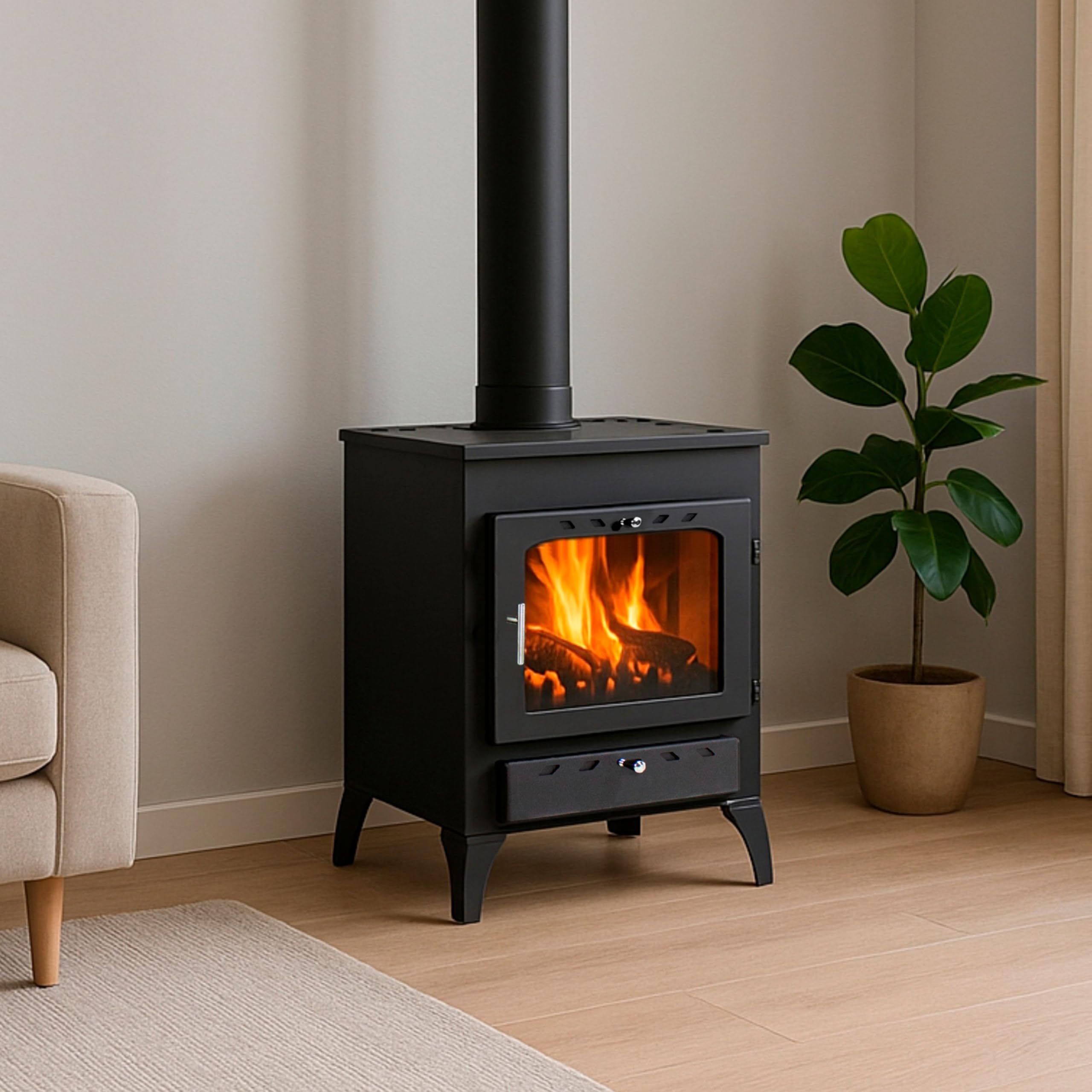 EIDER BIOMASA Poêle à Bois 17,05 KW - Compact 84 x 51 x 66 cm - Faible consommation - Fonte - Grande Chambre pour Grands Troncs - Jusqu'à 297 m3 - Efficacité énergétique Classe A - Vision du feu
