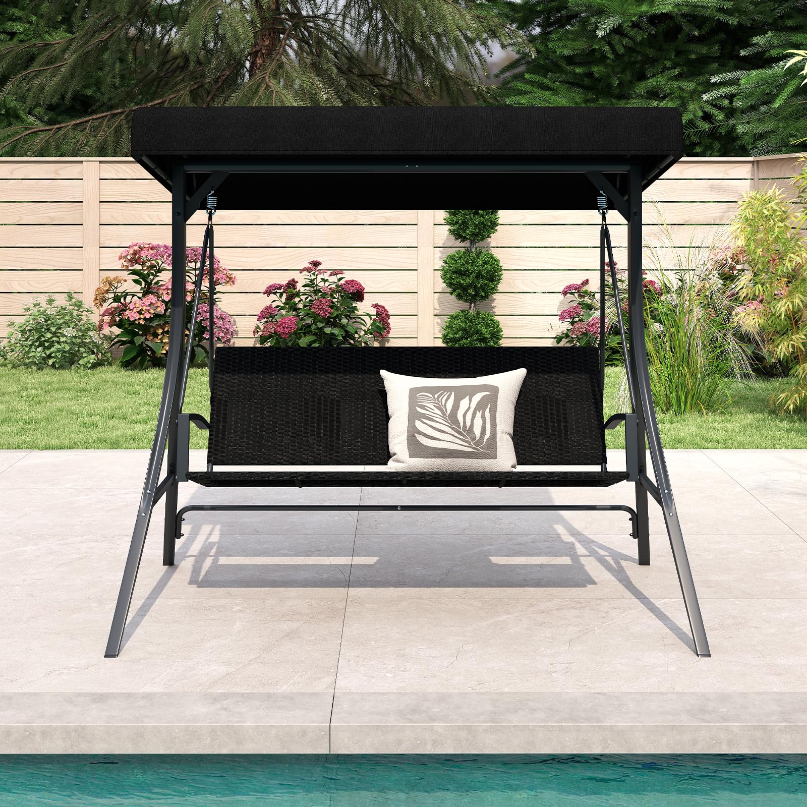 COSTWAY Balancin Jardin Exterior de 3 Plazas, Techo Ajustable, Respaldo de Asiento de Ratán, Estructura Metálica, Columpio Jardin Exterior Porche Patio Trasero, 121 x 145 x 176 cm, Carga 450kg