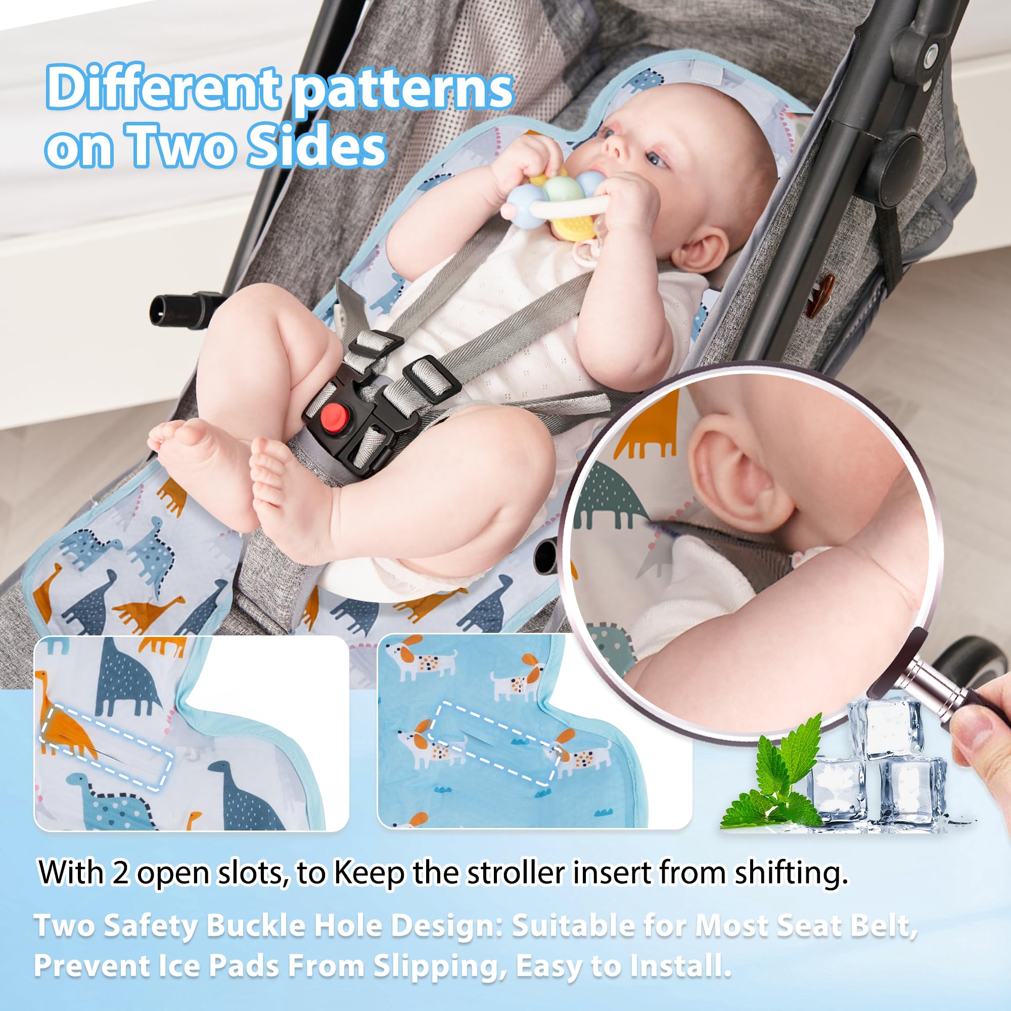LAT Sommer Sitzauflage für Kinderwagen, Reversible Sommer Sitzeinlage für Kinderwagen, Sommer Sitzauflage für Buggys Kinderwagen Babyschale (Dinosaurier+Hund)