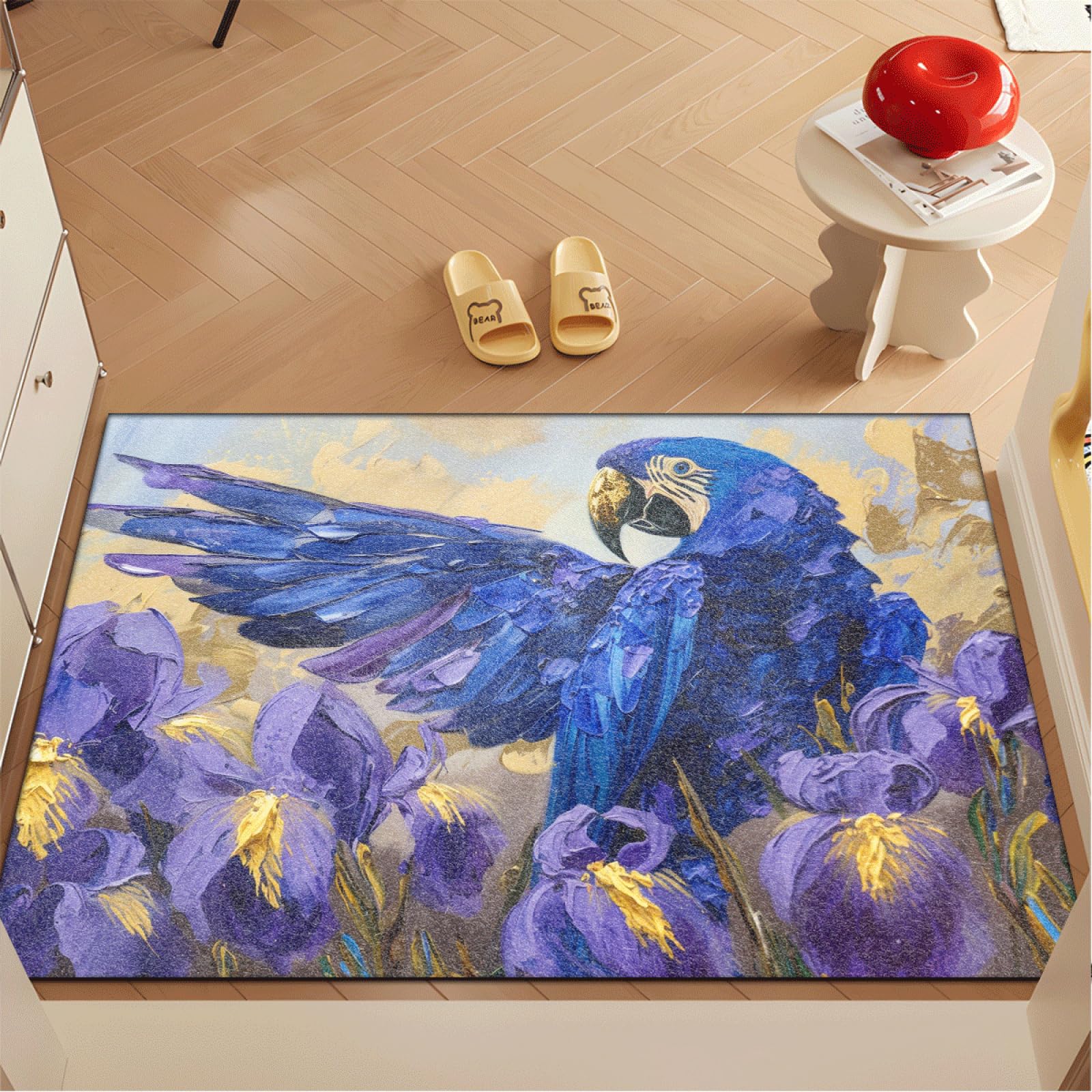 Fussmatte Innen 80x120 cm Papagei Lila Blume Fussmatte Aussen rutschfeste für Hund Eingang Badematte Waschbar Schmutzfangmatte Strapazierfähige und Langlebige Fussmatten Haustür