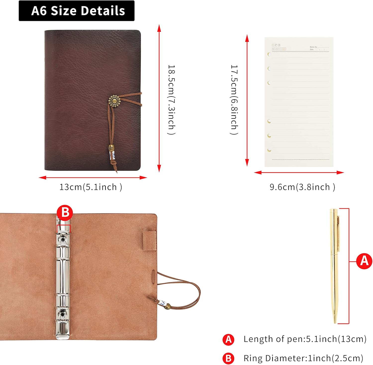 WONDERPOOL Leather Journal A6 Refillable 6 Ring Binder Notebook with Lined Paper and Pen,Writing Diary for Work Travel and Agenda Plan (A6, Brown)