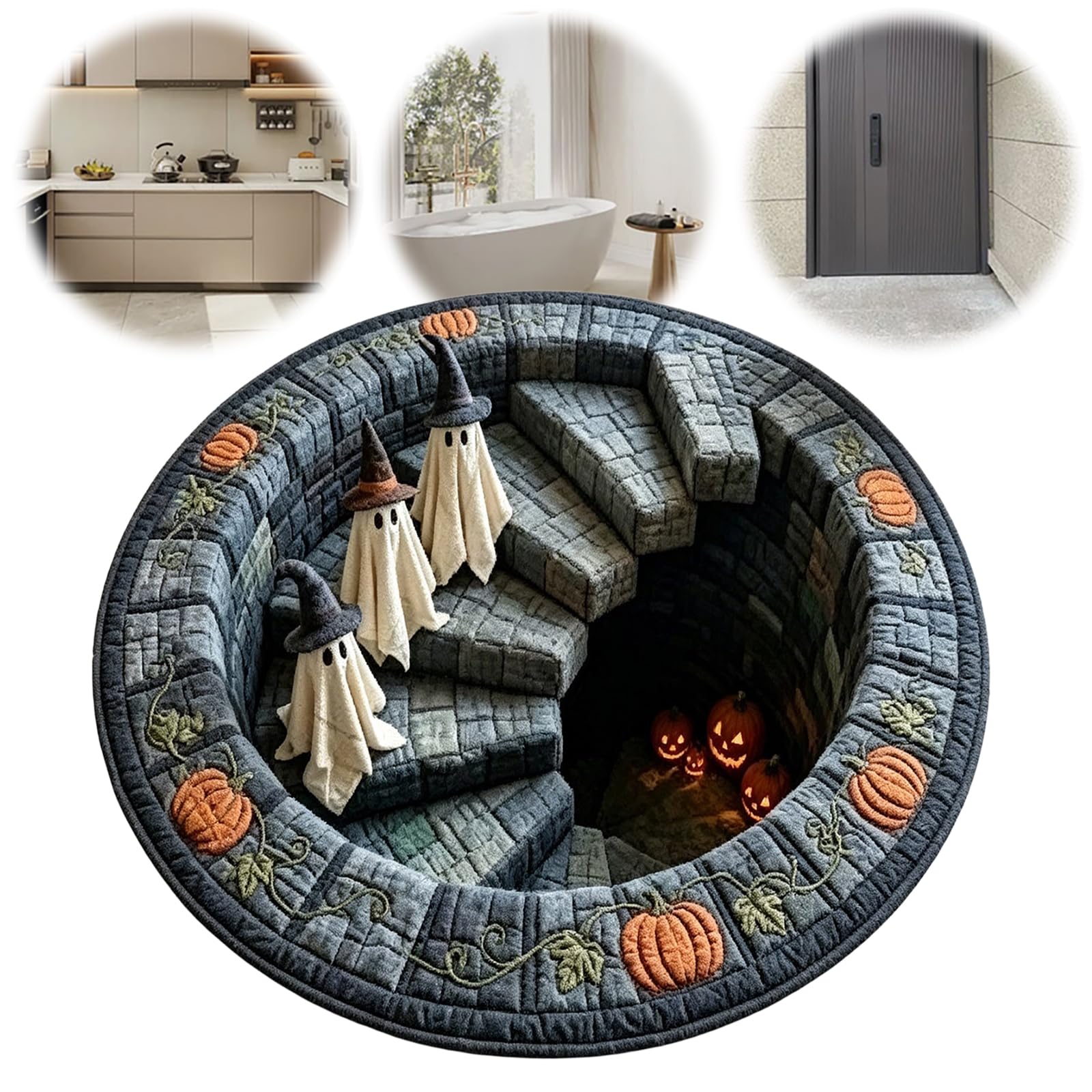 Tapis rond en velours antidérapant avec impression visuelle en spirale pour