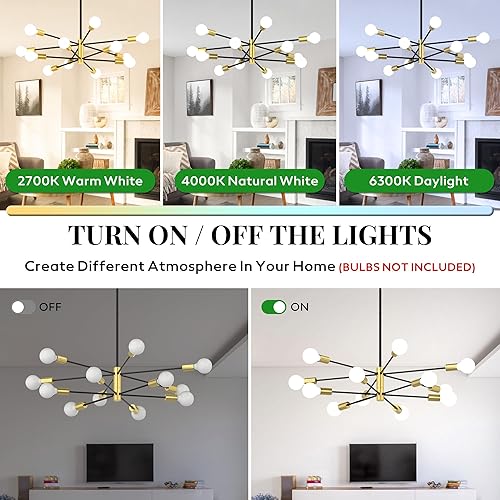 Miniatura 6 de Sputnik Araña de 12 Luces, Moderna de Mediados de Siglo, Lámpara de Techo de Altura Ajustable para Comedor, Isla de Cocina, Sala de Estar