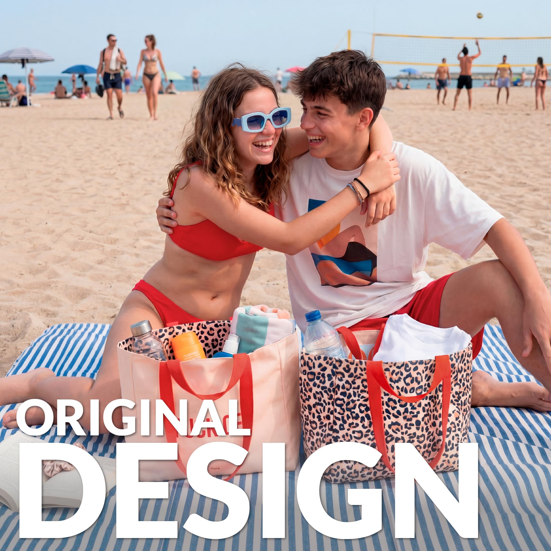 Fisura – Oryginalna torba plażowa „Fuck off”. Duża dwustronna torba plażowa beżowa w panterkę. Bawełniana damska tote bag XXL. Torba materiałowa na podróż, zakupy lub plażę.