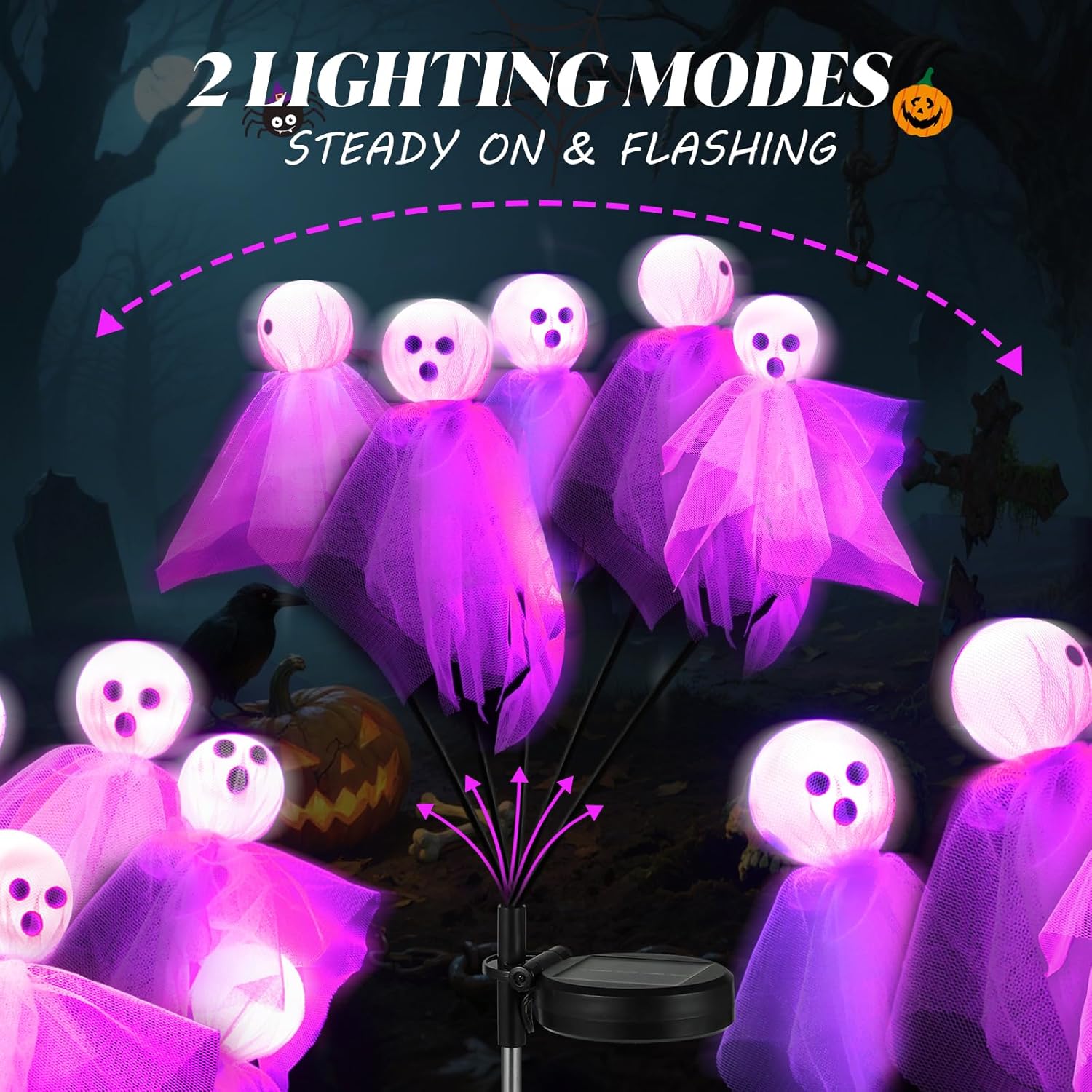 Halloween Decorations Outdoor, Solar Scary Ghosts Lights, 4 Packs 24 LED Swaying Firefly Light & Ghost Decor, Waterproof Halloween Path Lights for Garden, Lawn, Patio, Yard, Party Decor, Purple