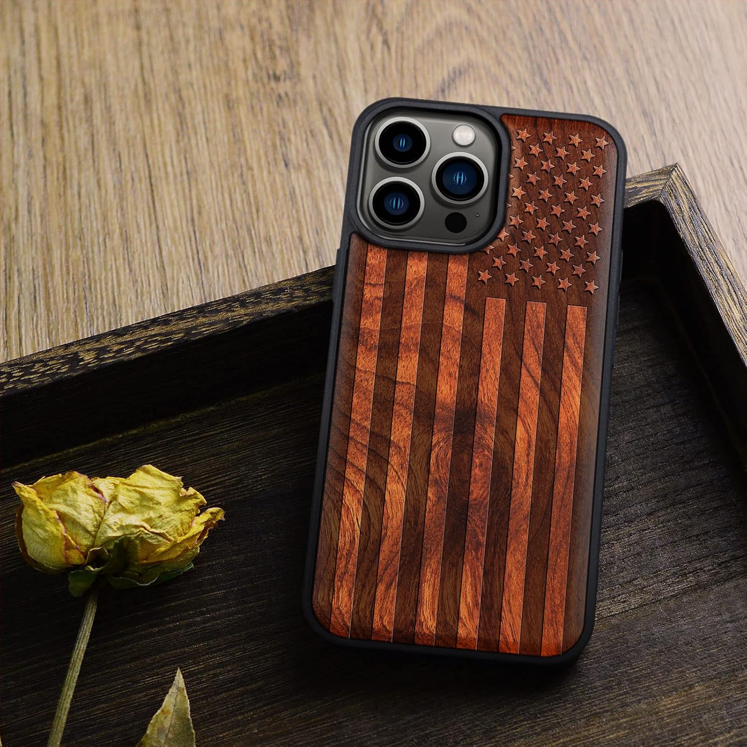 Carveit Magnetic Wood Case for iPhone 14 Pro Max [Natural Wood & Black Soft TPU] Unique & Classy Wooden Shockproof Protective Cover Compatible with magsafe (American Flag -Rosy)