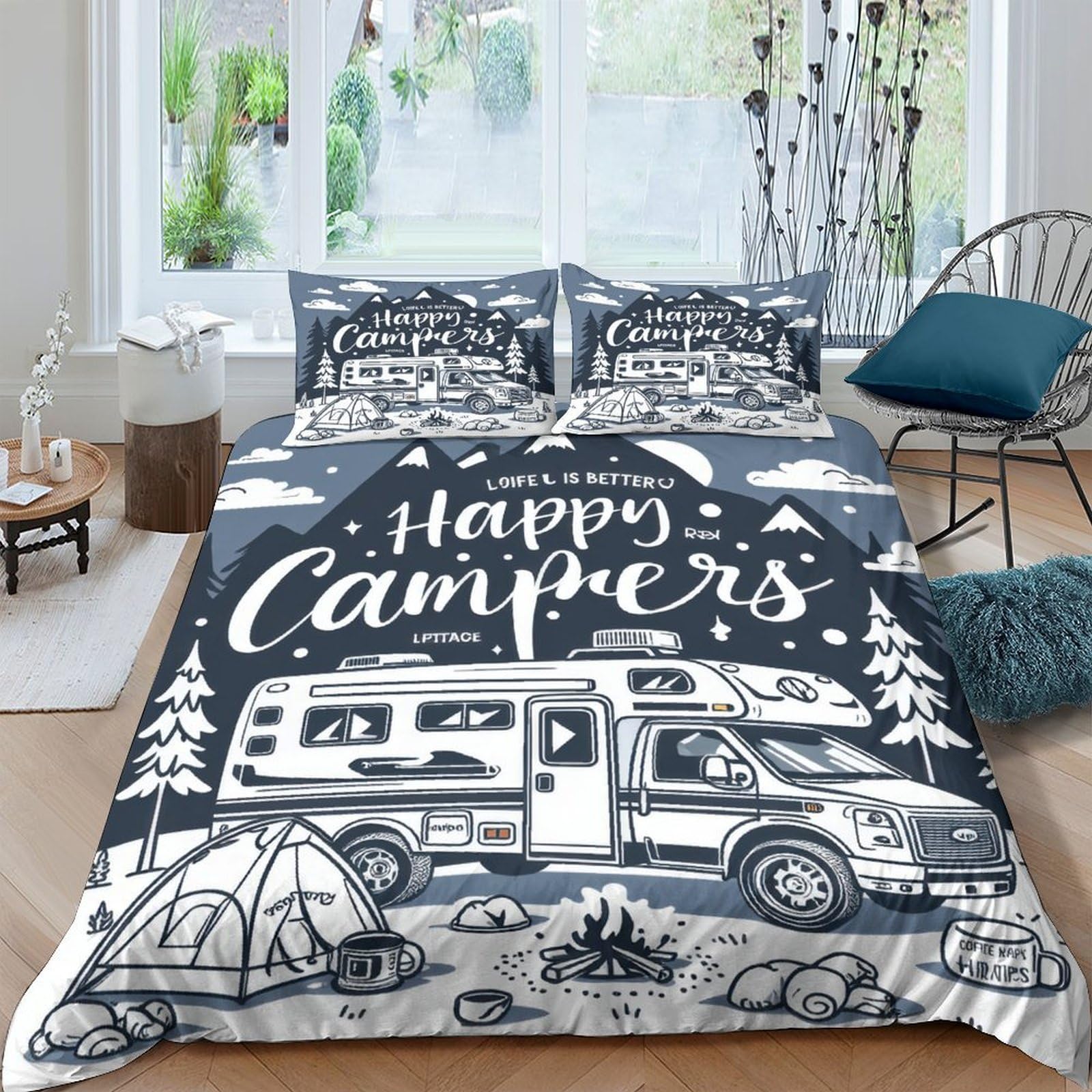 Ctjqhvkz Style-9 3D Printed Camper Van Fitted Sheet Microfiber Soft Breathable Forest Tent Mattress Cover For Bedroom Dorm Decor Single（135X200cm）