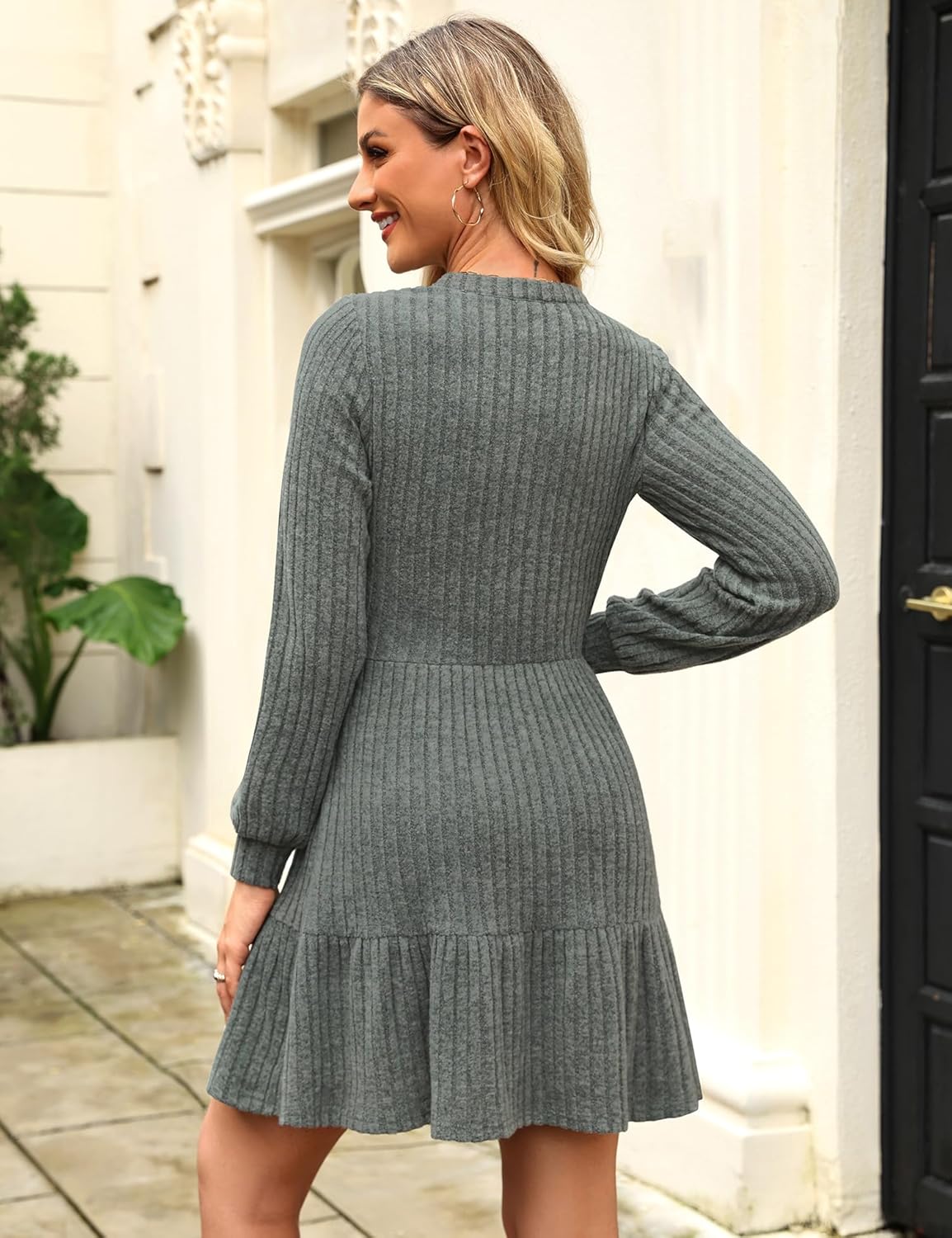 Kranda Women 2026 Spring Long Sleeve Button V Neck Casual Knit Ribbed Winter Sweater Short Mini Dresses with Pockets - Image 3