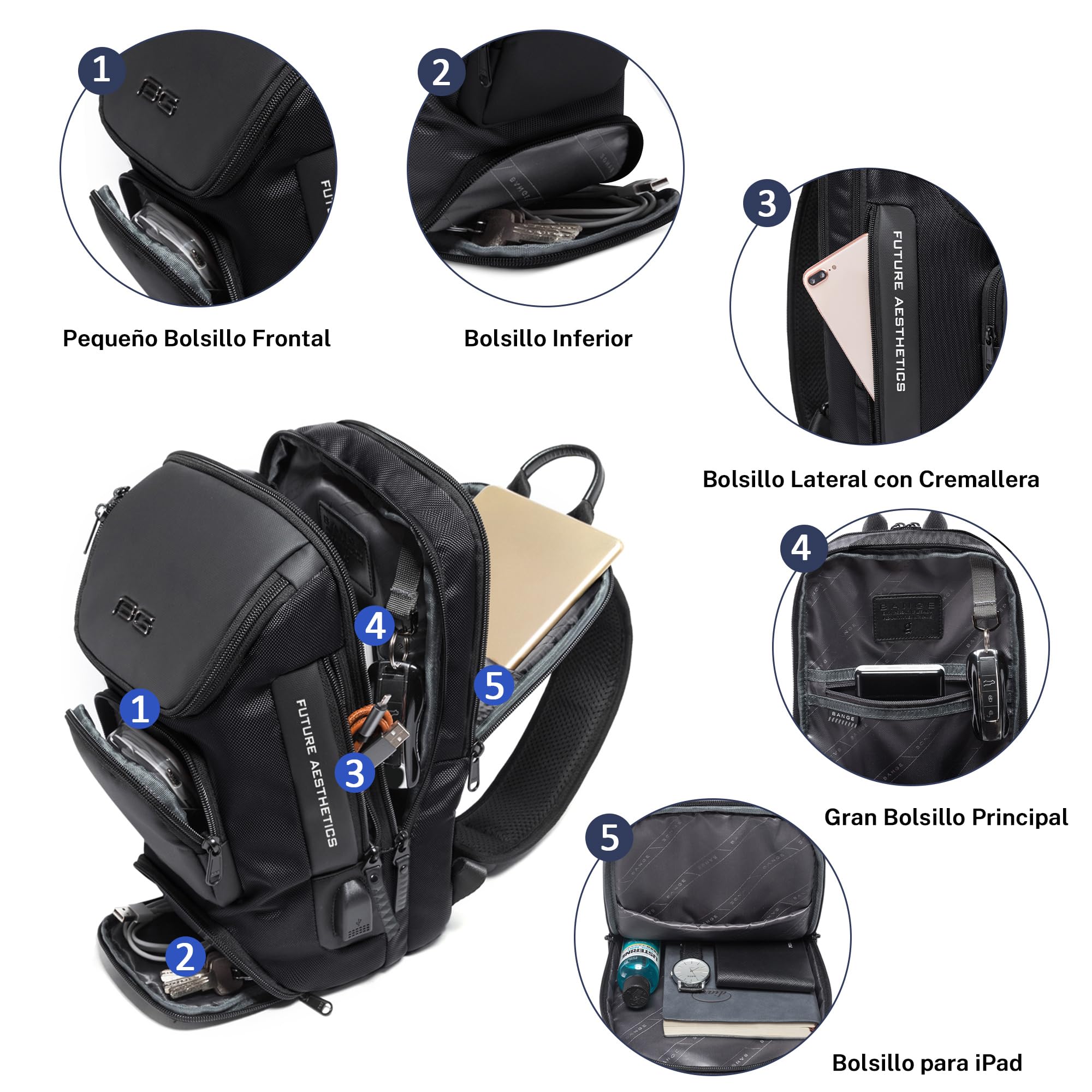 VARLIVOO Bolsos de Hombro para Hombre Bolsos Cruzados USB Port Sling Bag Bandolera Bolsa de Pecho Crossbody Bolsa Alta Capacidad Viajar Impermeable Poliéster Sling Backpack Negro
