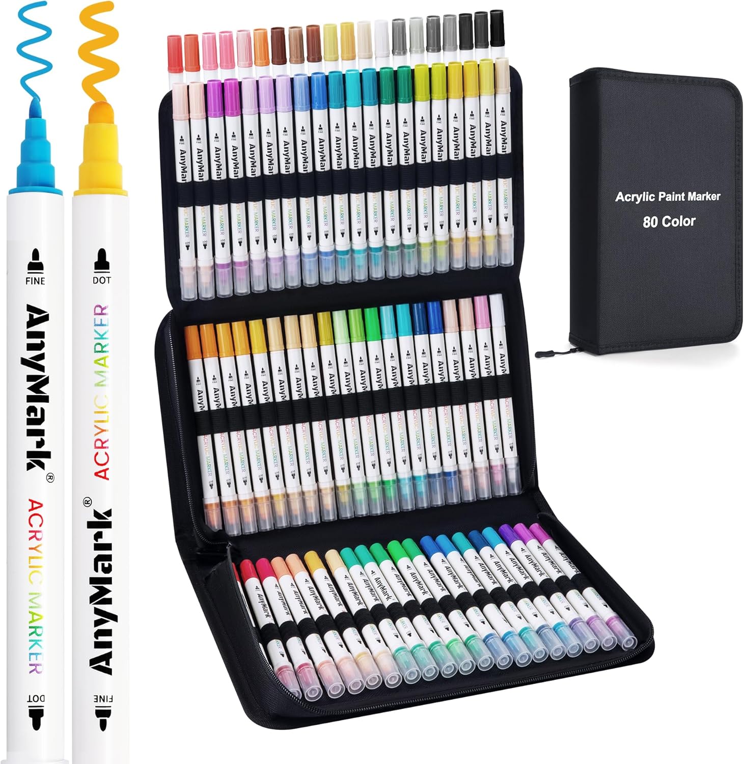 AnyMark 80 Colors Acrylic Paint Markers, Dual Tip Acrylic Paint Pens with Dot & Fine Tip, Premium Paint Markers for Coloring, Canvas, wood, Stone, Rock Painting, Glass