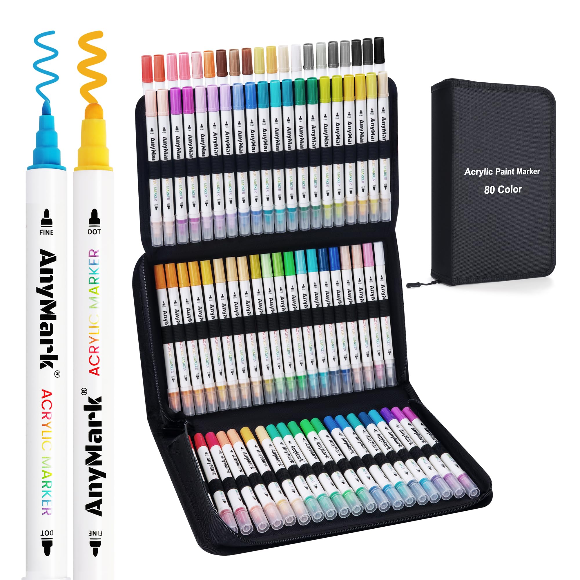 AnyMark 80 Farben Acrylstifte Set – Wasserfeste Dual Tip Acrylmarker (Dot-Tip und Feinspitze) für Basteln, Papier, Holz, Eier, Leinwand, Keramik & Stoff