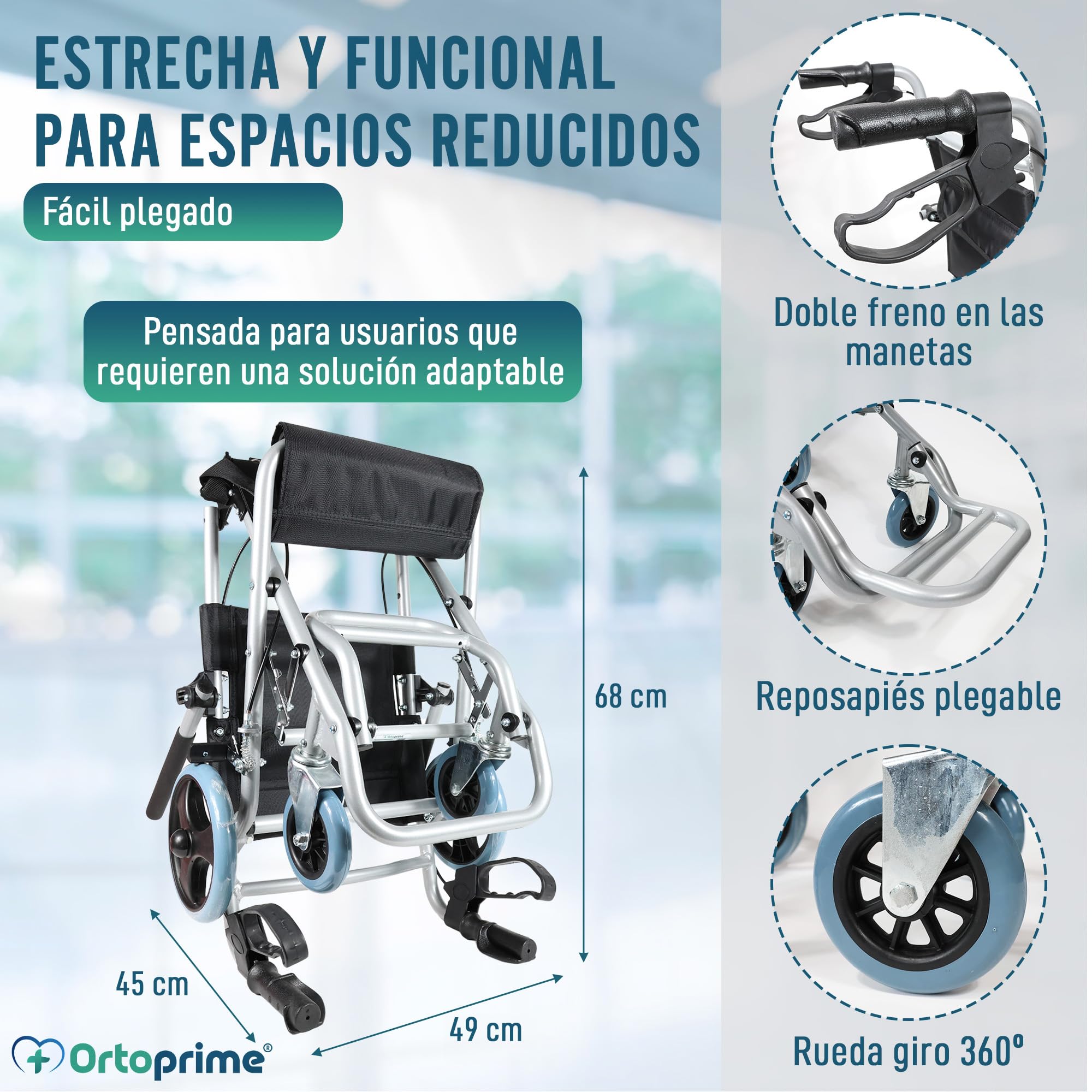 OrtoPrime Silla de Ruedas de Tránsito ALUMINIO Silla de Ruedas PLEGABLE Ligera - Silla Ruedas Ancianos ORTOPÉDICA - Cadeira de Rodas para Idosos - Silla de Ruedas ESTRECHA para Casa y Exterior
