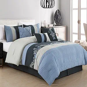 Chezmoi Collection Napa 7-Piece Luxury Autumn Leaves Scroll Embroidery Bedding Comforter Set (California King, Navy/Blue/Gray)