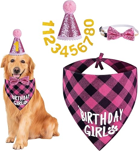 JCSHIMO Dog Birthday Party Supplies, Dog Birthday Girl Bandana Hat Numbers Bow Set for Small, Medium, Large Dogs Pets Party Decorations