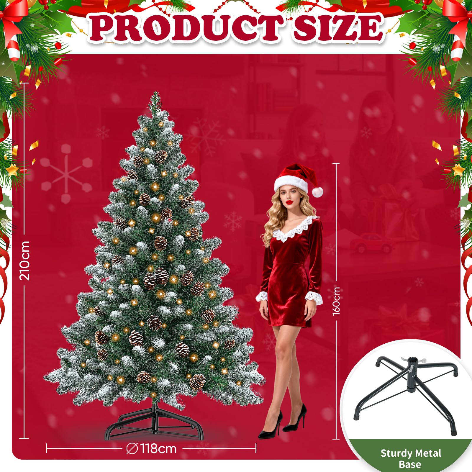 Árbol de Navidad verde de 210 cm con nieve blanca 820 puntas de PVC, 350 luces LED y 36 piñas, artificial plegable con soporte de metal para exterior e interior