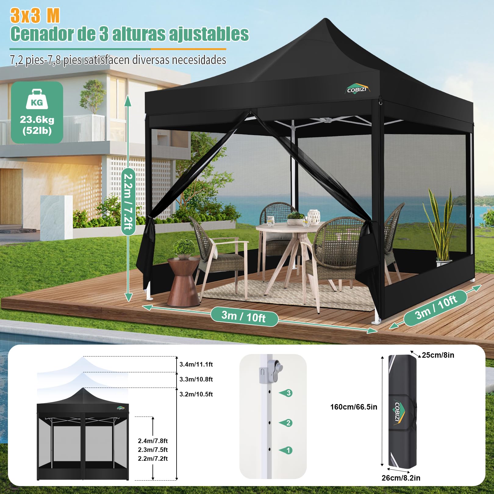 COBIZI Carpa Plegable 3x3 con Mosquitera Pared Lateral,Impermeable Carpa Plegable,Carpas para Exteriores Pergola,Cenadores para Jardin Camping Playa con Bolsa de Transporte(3 por 3m Negro) | Impermeable, con 3 alturas ajustables, 4 paredes laterales y bol