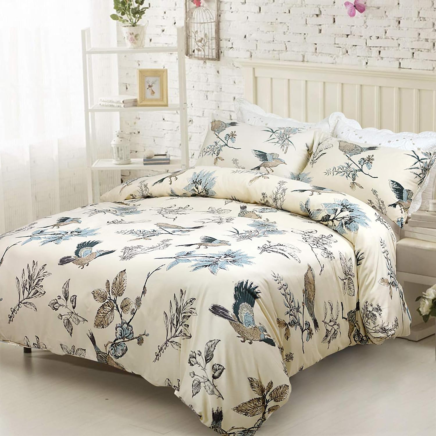 Helthep Floral Birds Bedding American Country Chic King 3Pcs Leaves Bird Duvet Cover Egyptian Cotton Super Soft for Naked Sleep Khaki Button Closure Bedding Set