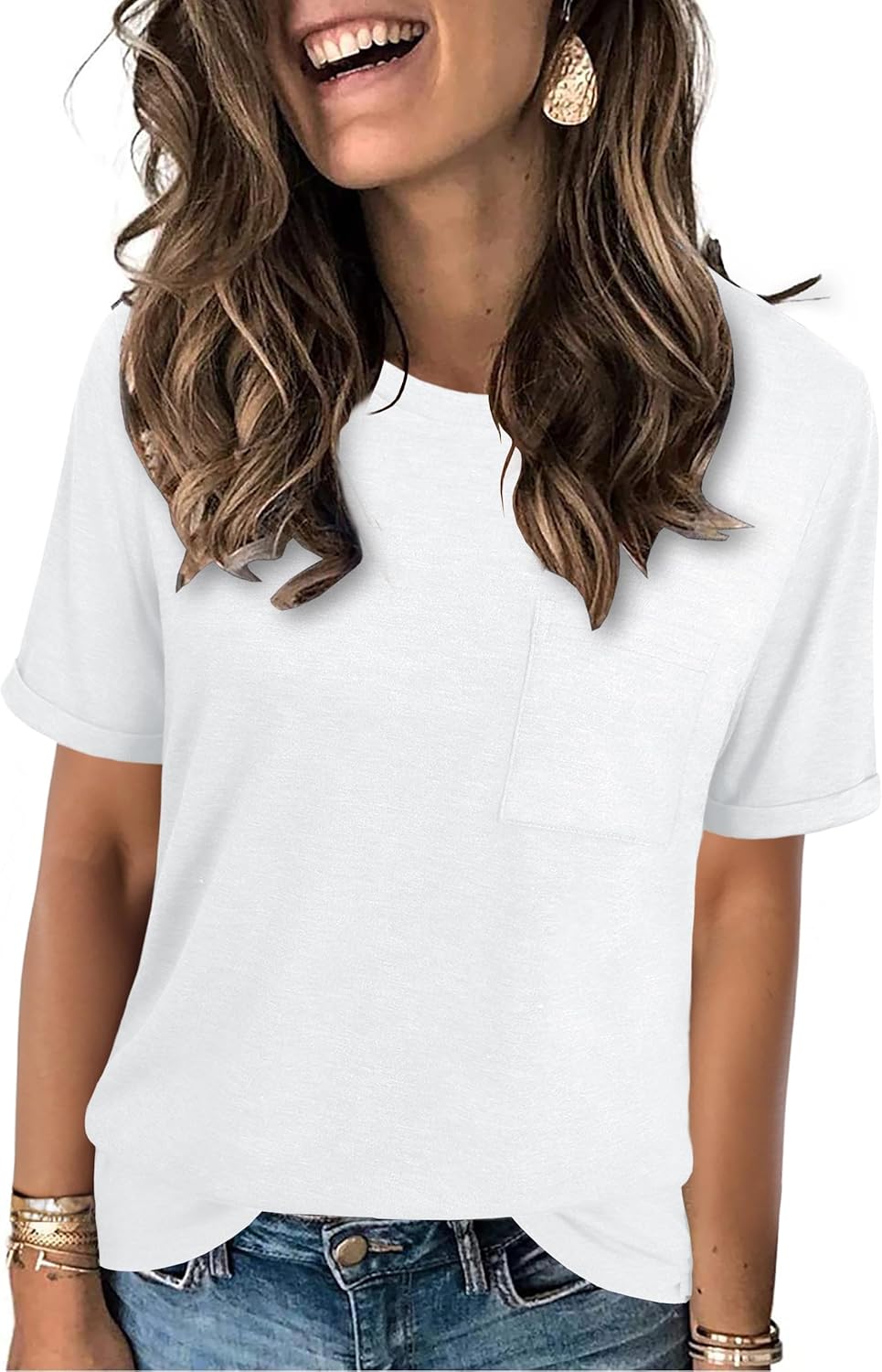 JomeDesign Womens Summer Tops Casual Short Sleeve Shirts with Pocket Lightweight Crew Neck Tee Classic Fit