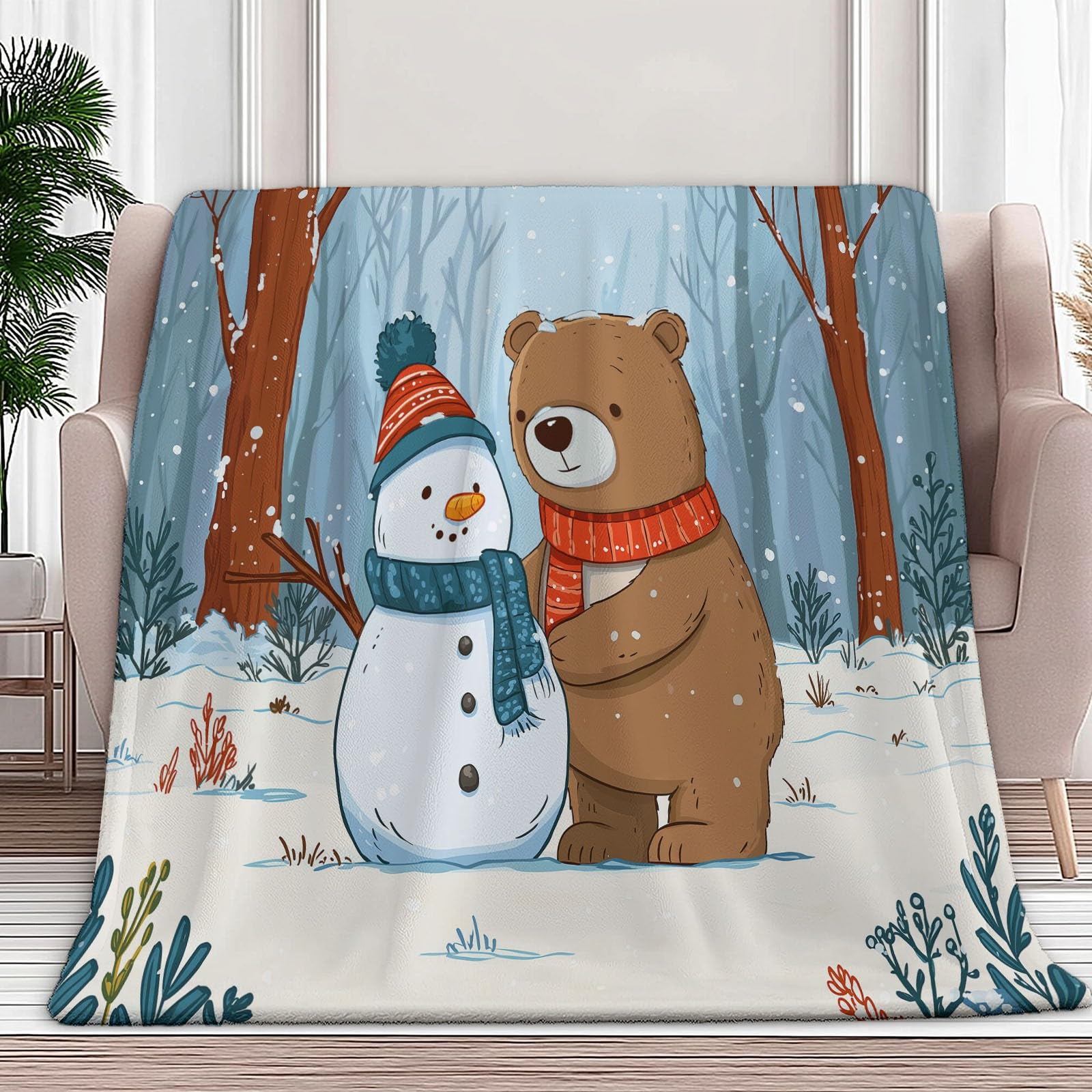 Puszysty koc polarowy na zimę, bałwanki i niedźwiedzie, 180 x 220 cm, miękki, ciepły, na sofę, koc polarowy, przytulny flanelowy koc na łóżko, dla dorosłych, dzieci i niemowląt, pomysł na prezent