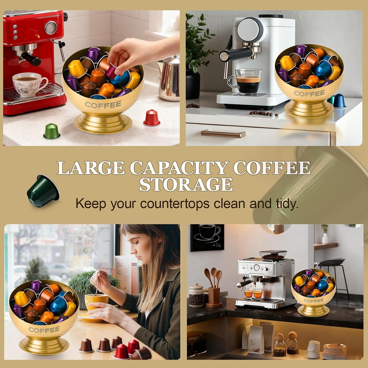 Coffee Pod Holder - Large Capacity Gold Metal Coffee Pod Storage, Coffee Pod Basket, Coffee Bar Organizer for Kitchen and Office Countertop(Gold-7.1in/18cm)