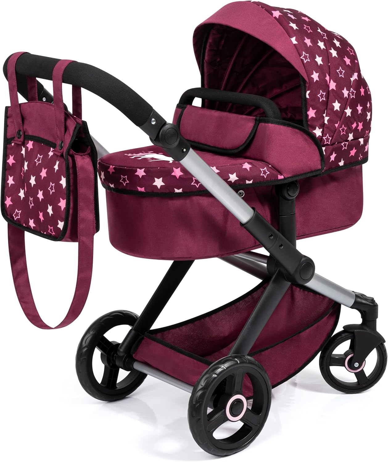 Bayer: Pram Xeo - Burgundy, White Stars, Unicorn - Dolls Up to 18", Shoulder Bag, Convertible to Pushchair, Foldable, Kids Toy, Ages 3+ |