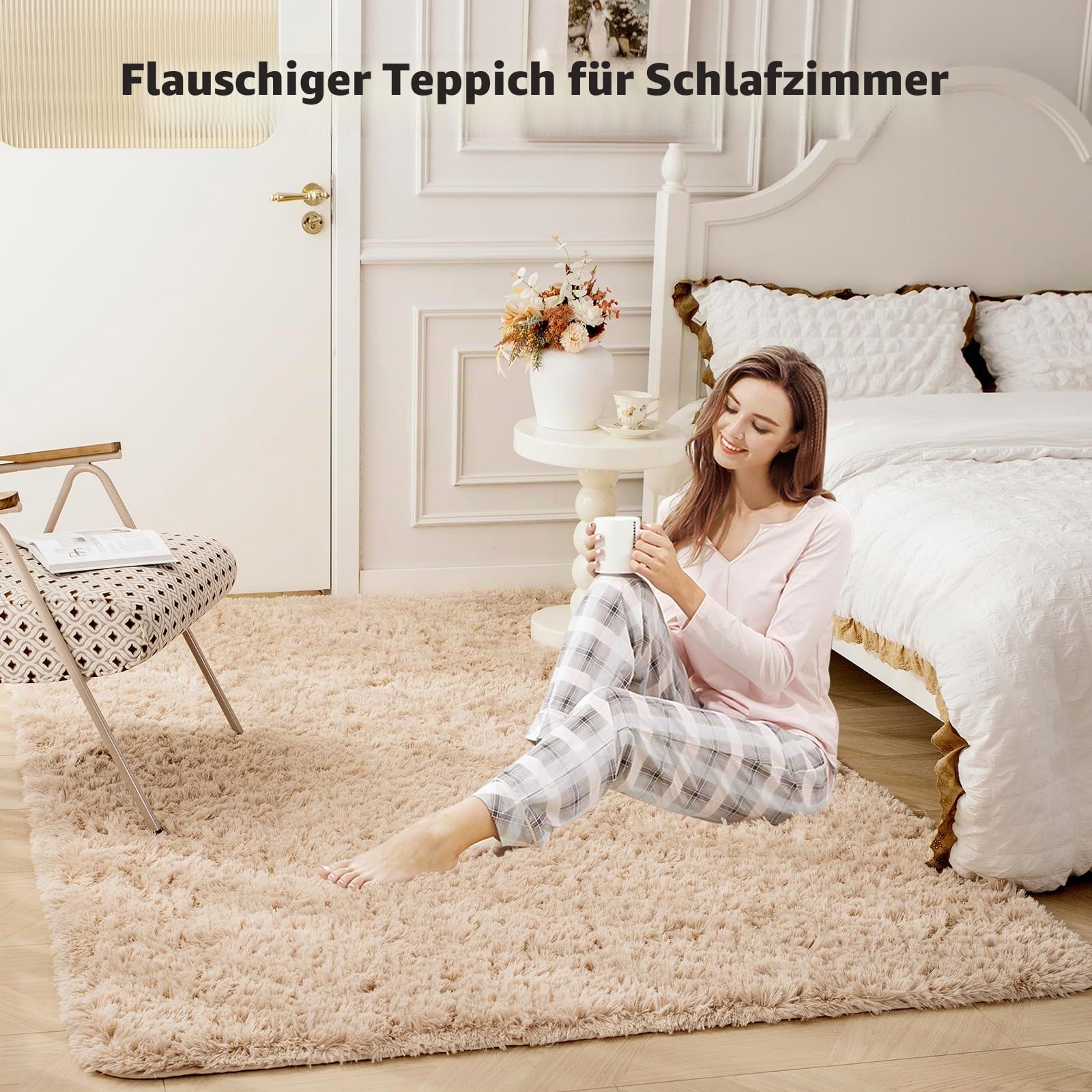 OMERAI Beige Waschbar Teppich Wohnzimmer - Hochflor Flauschig Carpet | 150X240CM Teppich Fellteppich Kunstfell Wohnzimmer Kinderzimmer Anti-Rutsch Unterseite Shaggy Weich Teppiche