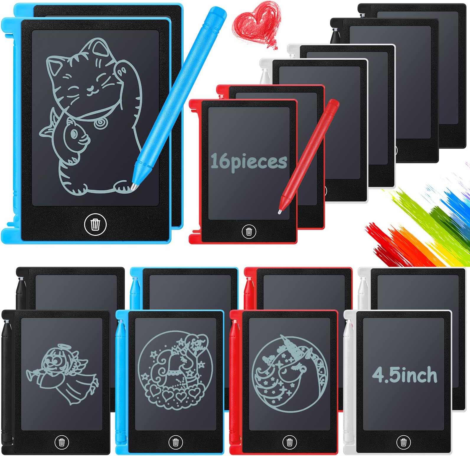 Nezyo 16 Pieces LCD Writing Tablet Mini Electronic Doodle Board 4.5 Inch Colorful Drawing Tablet Erasable Drawing Pad Reusable Learning Toy Gift for Kids Girls Boys Toddlers
