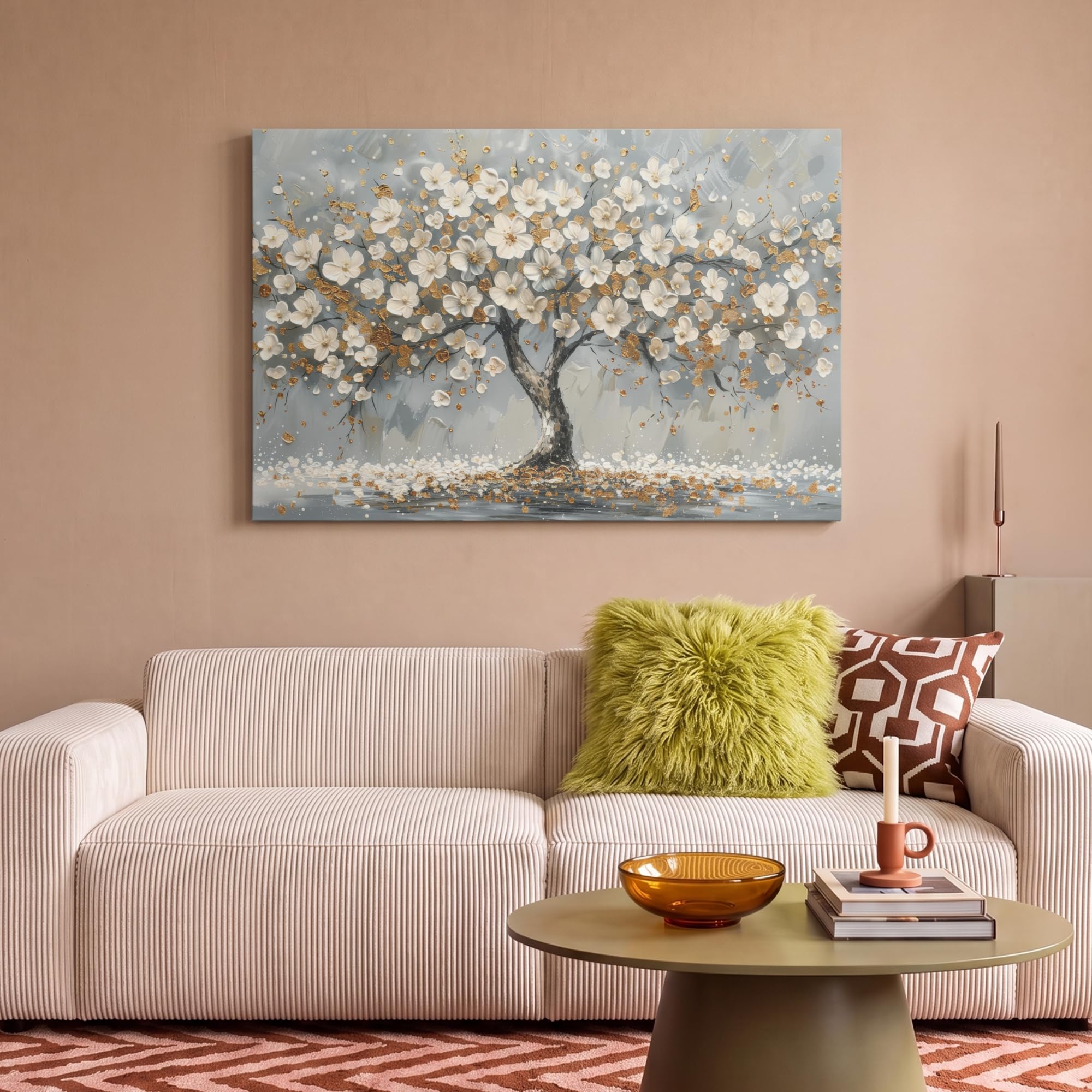 MuchoWow© Leinwand Bilder Groß XXL Wanddeko Wohnzimmer Aesthetic Room Decor | 120x80 cm - Deko Zimmer Wandbilder Modern Bild auf Baum - Blumen - Weiß - Natur