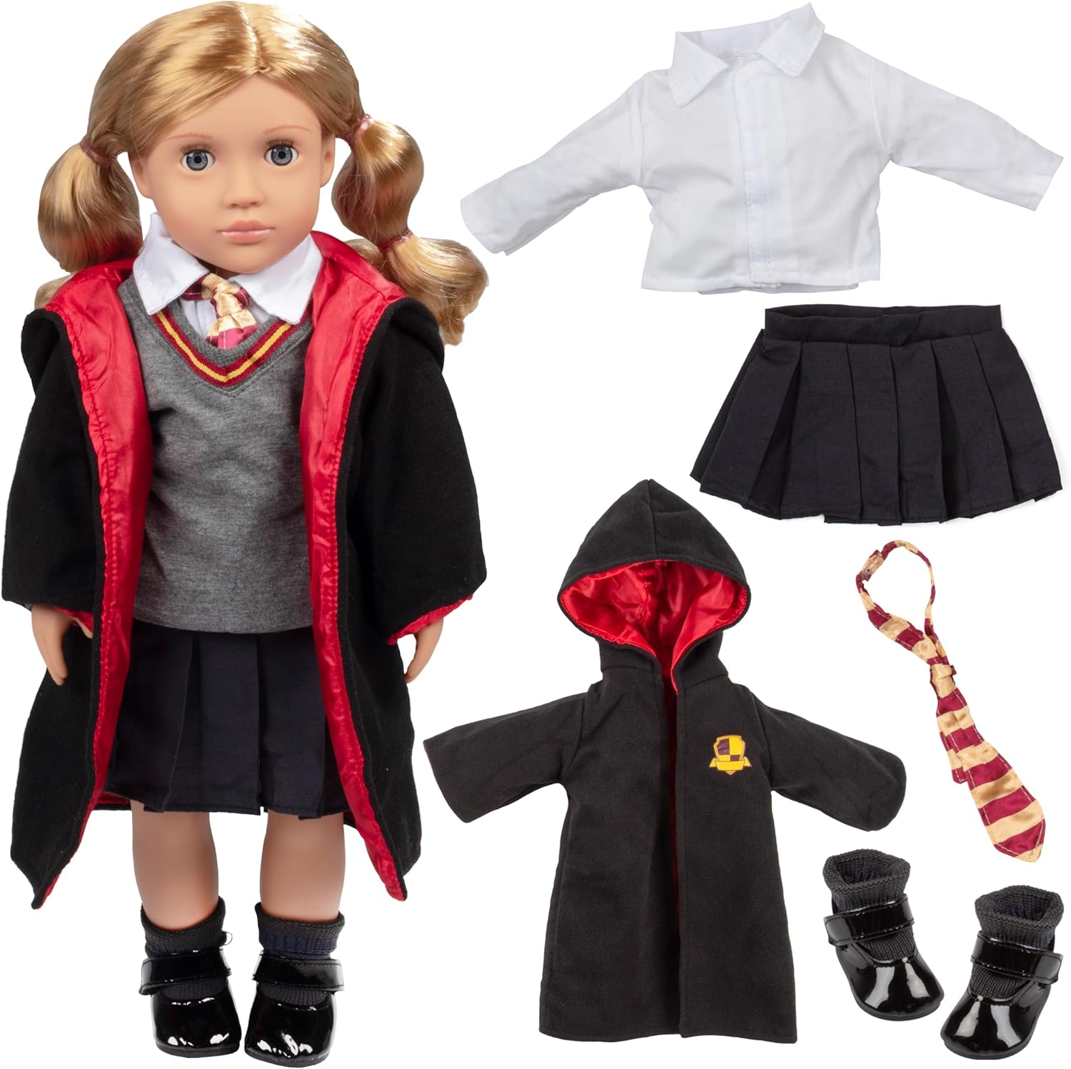 9pc Hermione Granger Inspired Outfit- 18" Doll Clothes & Accessories Compatible w American Girl Dolls- School Uniform Set Includes Shirt, Skirt, Sweater, Tie, Socks, Robe, & Shoes- Gift Set for Girls