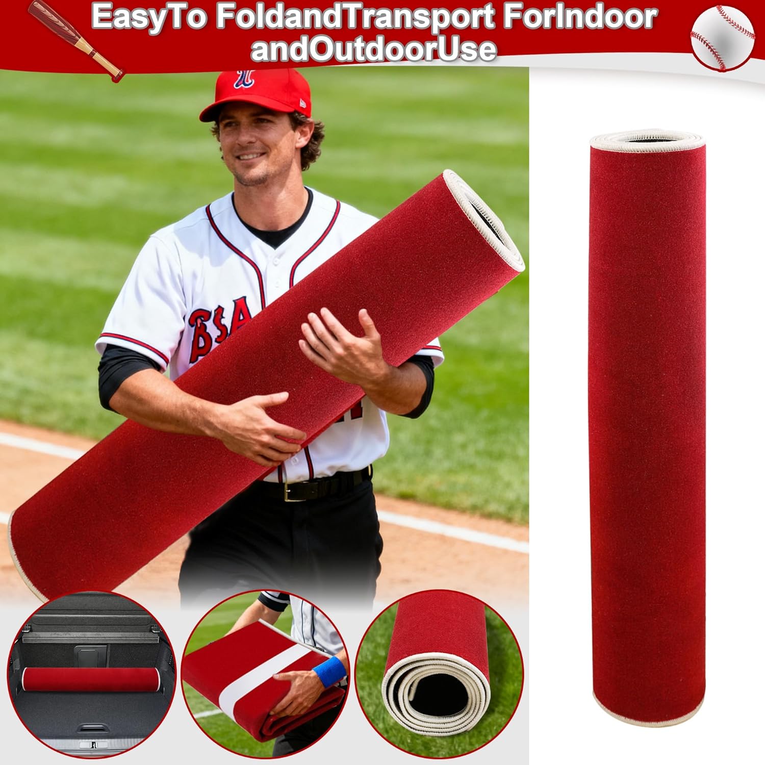 6x4 ft Baseball and Softball Hitting Mat with Non-Slip Backing, High-Visibility Stance Guide, Cushioned Surface for Indoor Outdoor Batting Practice, Portable Training Mat with Durable Turf Design