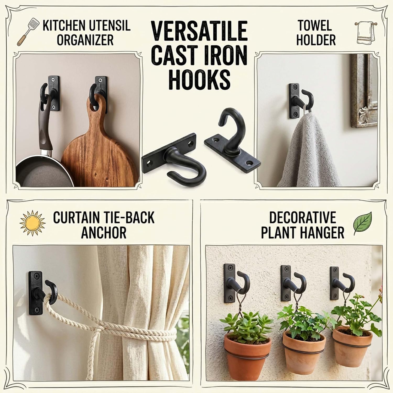 Mystic Colonial Rustic Cast Iron Wall Hooks Set of 2 - Heavy Duty Black Farmhouse Utility Hooks for Leashes, Ropes, Backpacks, Mugs & Curtains
