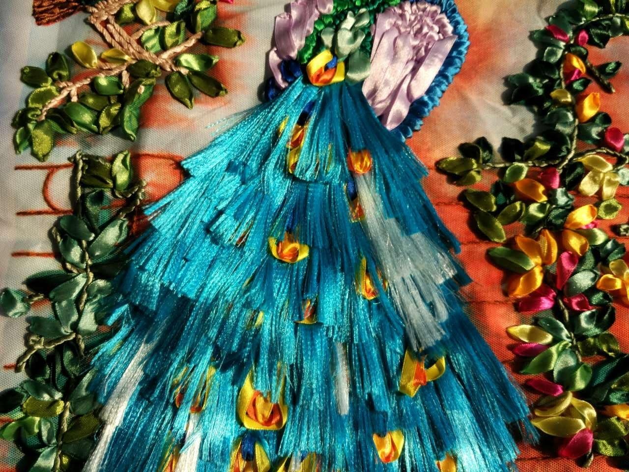 Aureate Handmade Ribbon Embroidery Kits Canvas 3D Wall Art Home Decoration DIY Needlepoint Tapestry Hanging Gift Peacock 20"×26"