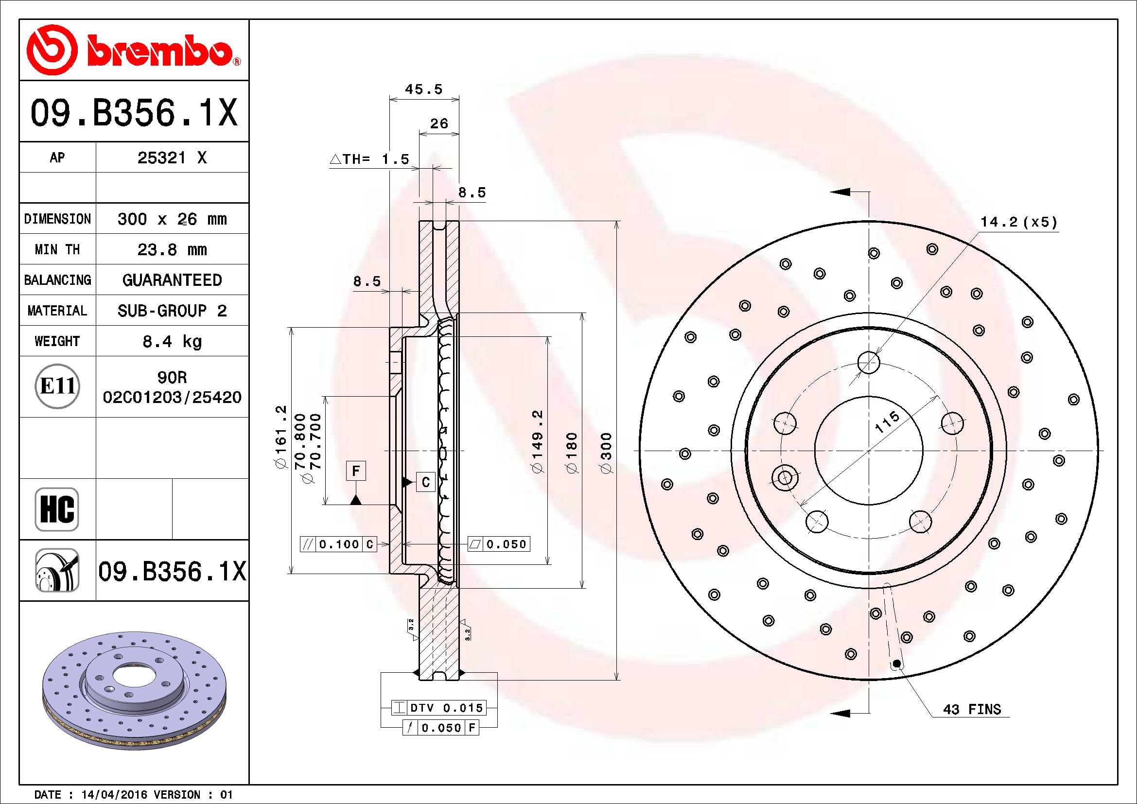Brembo Xtra 09.B356.1X - Disco Freno Forato Anteriore, Set di 1