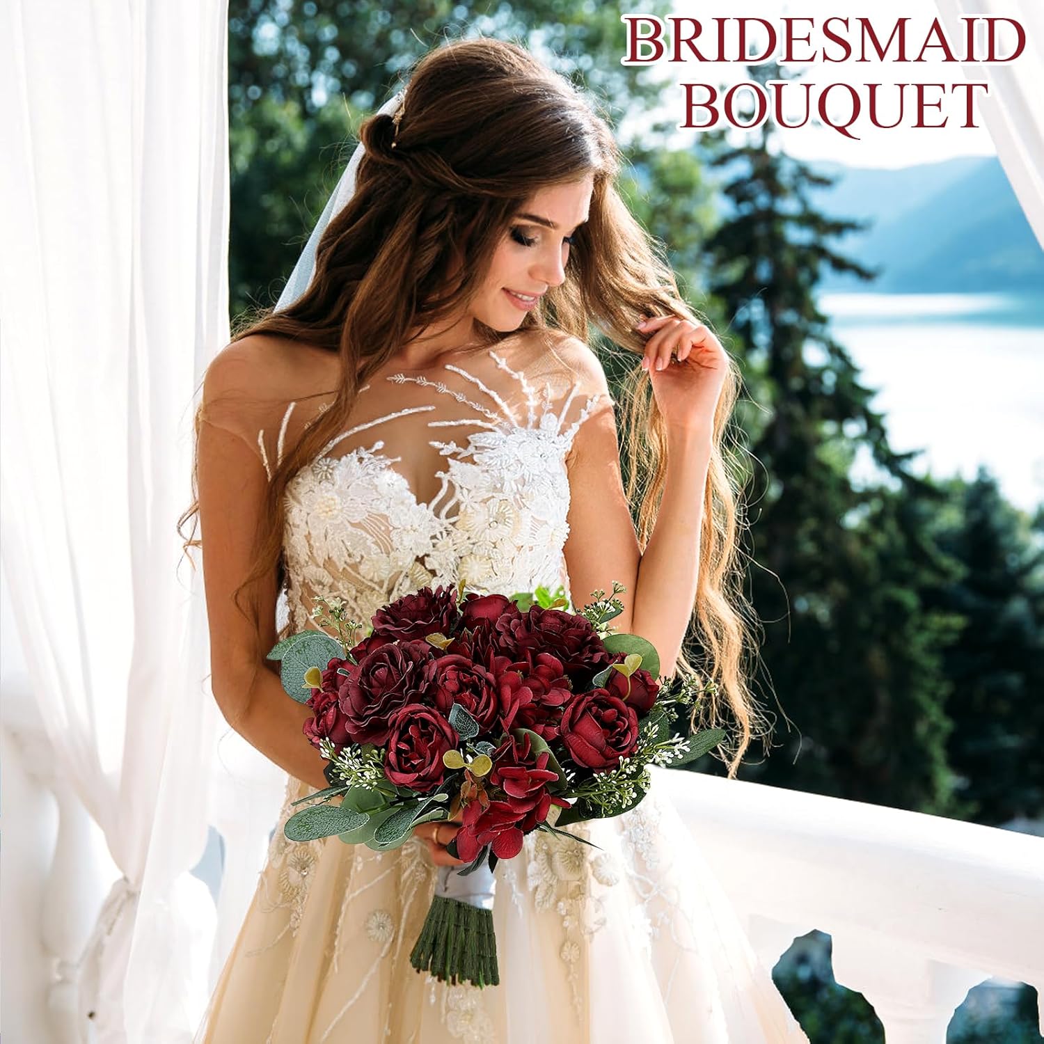 Peony Artificial Flowers, Faux Peonies Hydrangea Eucalyptus Bouquet 12 Packs Silk Vintage Realistic Peony Floral Arrangement for Vase Wedding Centerpiece Table Home Party Decor-Burgundy - Image 5