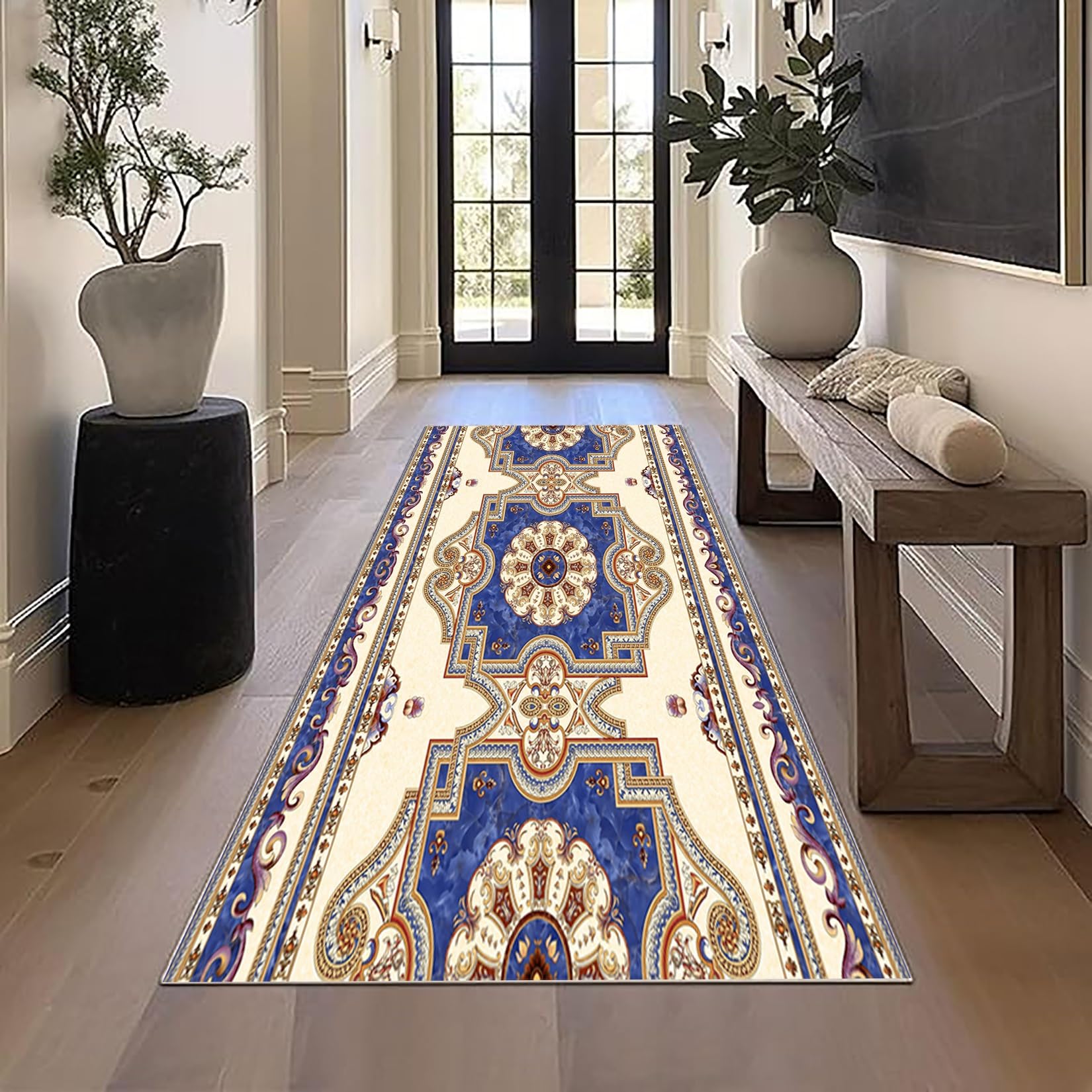 Tapis de couloir 110x320 cm lavable et antidérapant de style rétro pour entrée