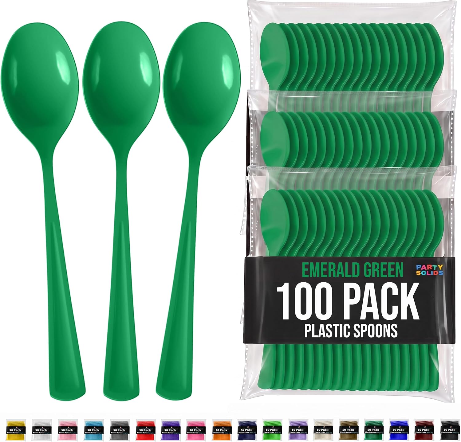 Exquisite Solid Color Premium Plastic Cutlery, Heavy Duty Plastic Disposable Cutlery - 100 Count - Emerald Green