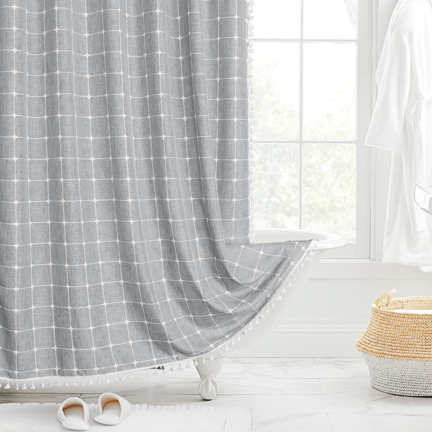 MitoVilla Boho Kitchen Valances 52’’W x 18’’L and Farmhouse Shower Curtain 72 x 72 Inch for Modern Bathroom Decor, 2 Item Bundle