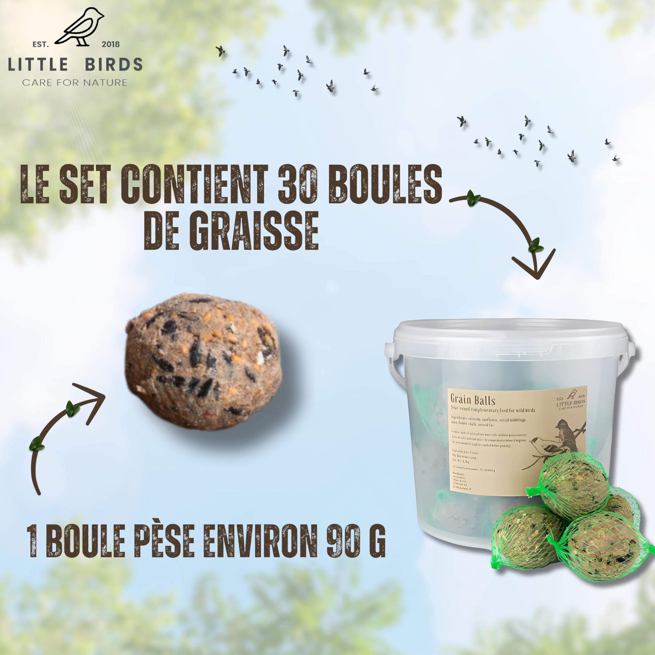 Bolas de Grasa para Pájaros al Aire Libre 100 Piezas 9 kg - Comida Pajaros - Alimento para pájaros al Aire Libre - Comida Aves Silvestres - 100% Natural