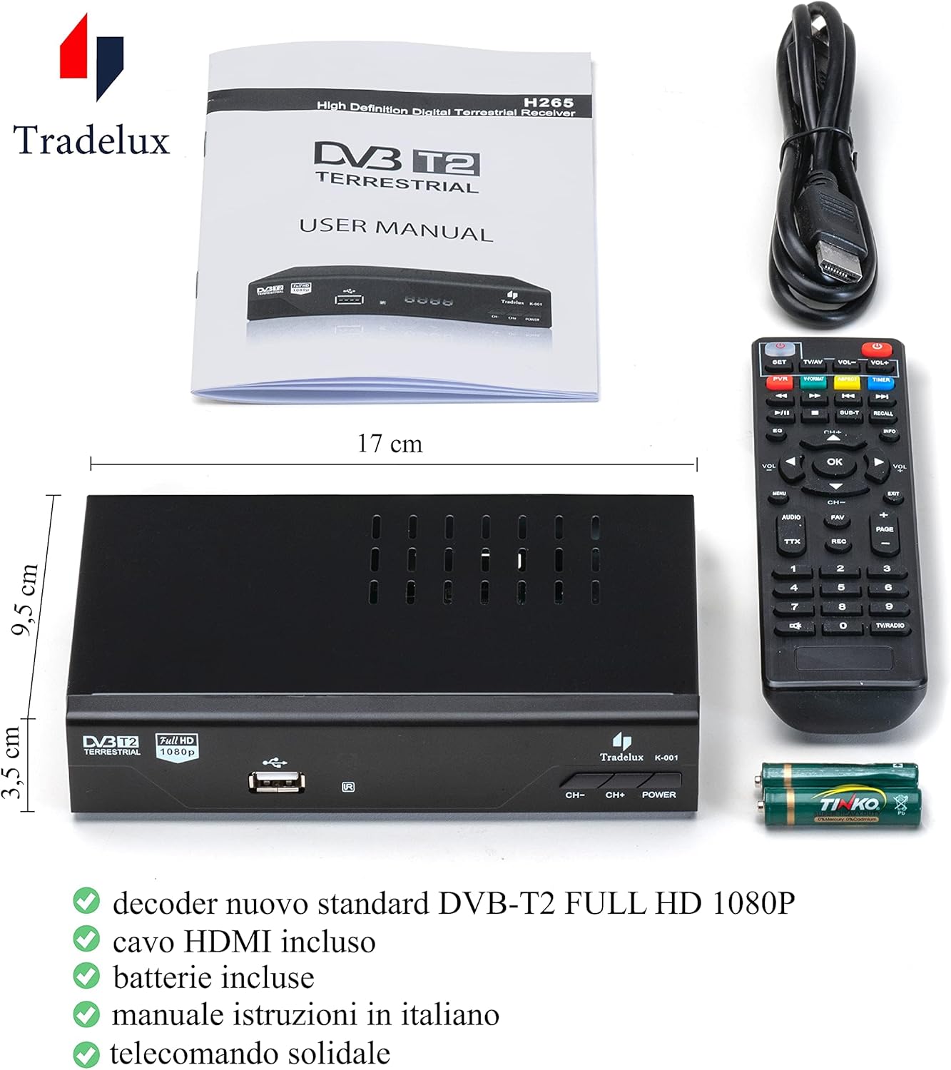 Tradelux DVB T2 Receiver K-002 with dimensions and accessories