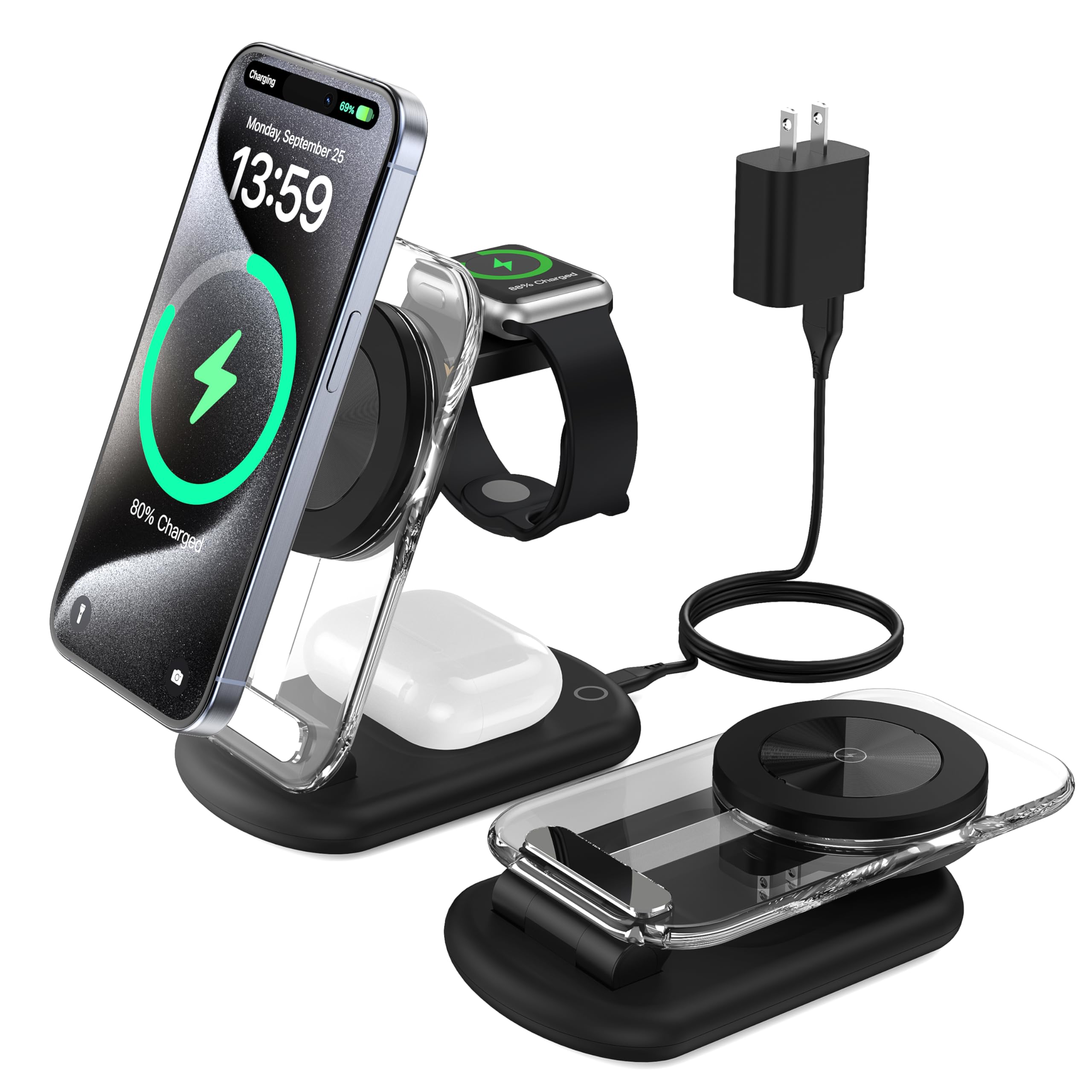3 in 1 Wireless Charging Station for Mag-Safe, Foldable Adjustable Magnetic Wireless Charger, Travel Mag-Safe Charger Stand with Light for iPhone 15/14/13/12 Series, AirPods 3/2/Pro, Apple Watch