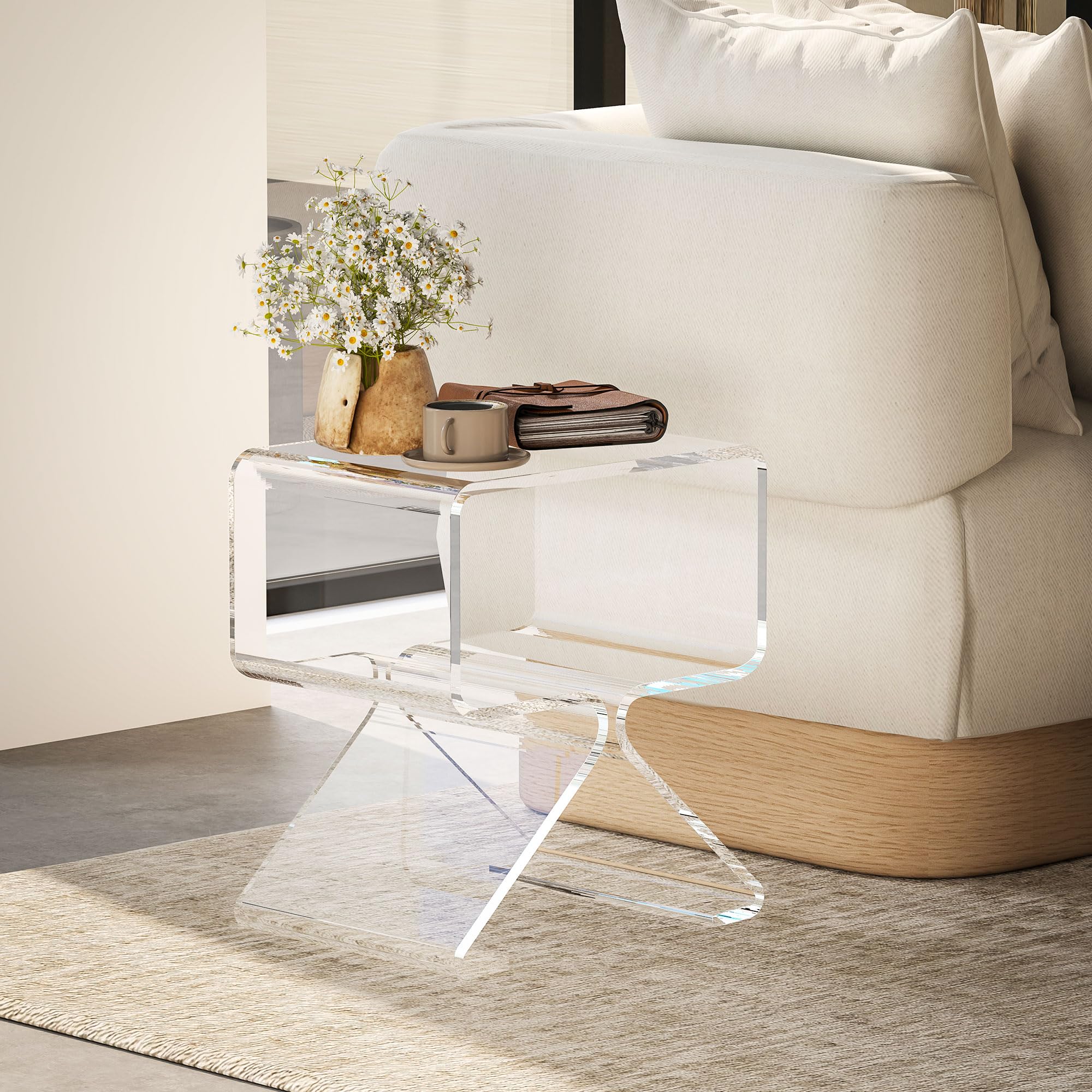 HOMCOM Tavolino Basso Geometrico a 2 Livelli con Gambe Triangolari, Tavolino da Salotto in Acrilico, 40x30x45 cm, Trasparente