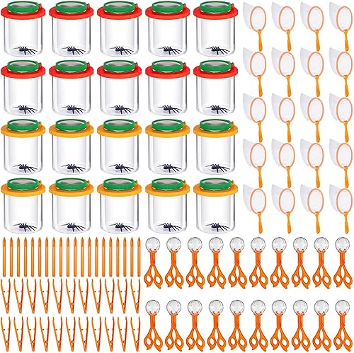 Libima El kit de 100 piezas incluye 20 cajas de insectos con aumento, 20 redes para atrapar insectos, 60 juguetes de habilidades motoras finas,