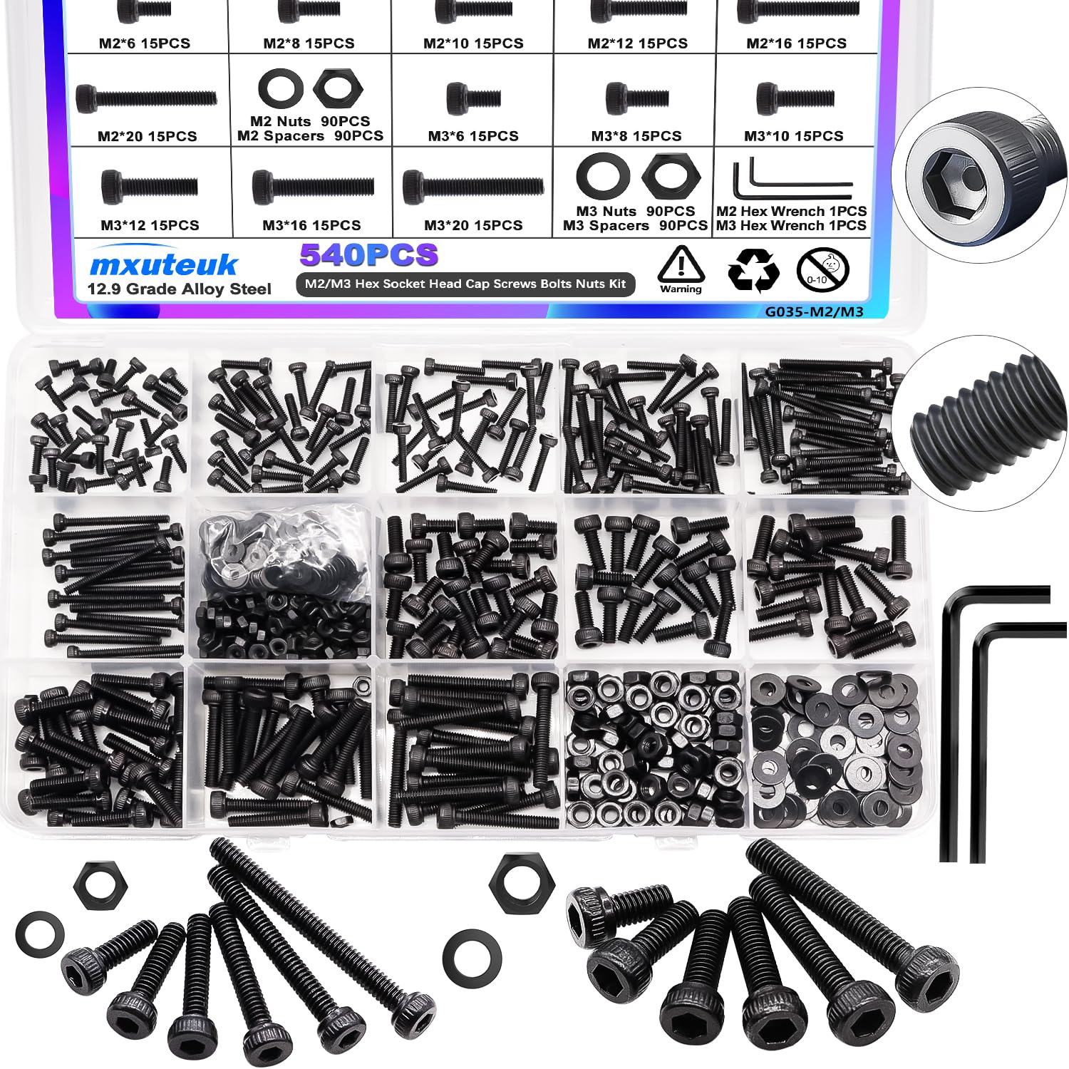 mxuteuk 540PCS M2 M3 Metric Screws Assortment Set Suitable for 3D Printer DIY,Hex Socket Head Cap Screws Bolts Nuts Kit,12.9 Grade Alloy Steel Black